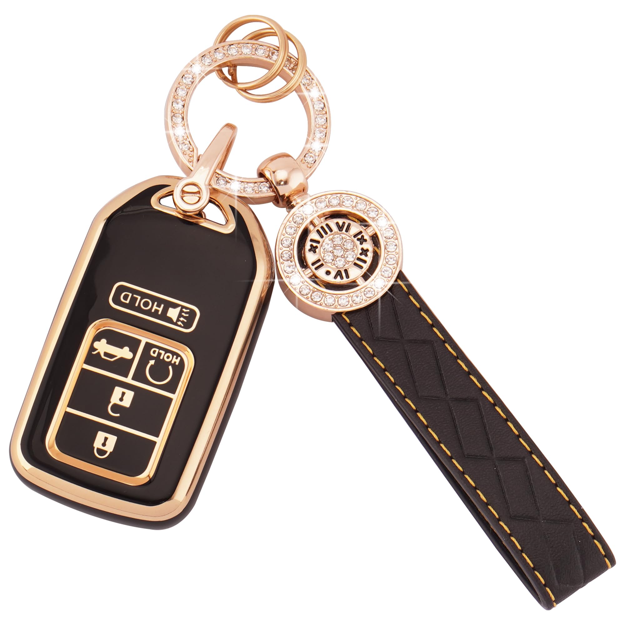EKALA Leather Key Fob Cover - 5 Button Soft TPU Shells, Compatible with Accord, Civic, CRV, Odyssey, Pilot - Black Gold