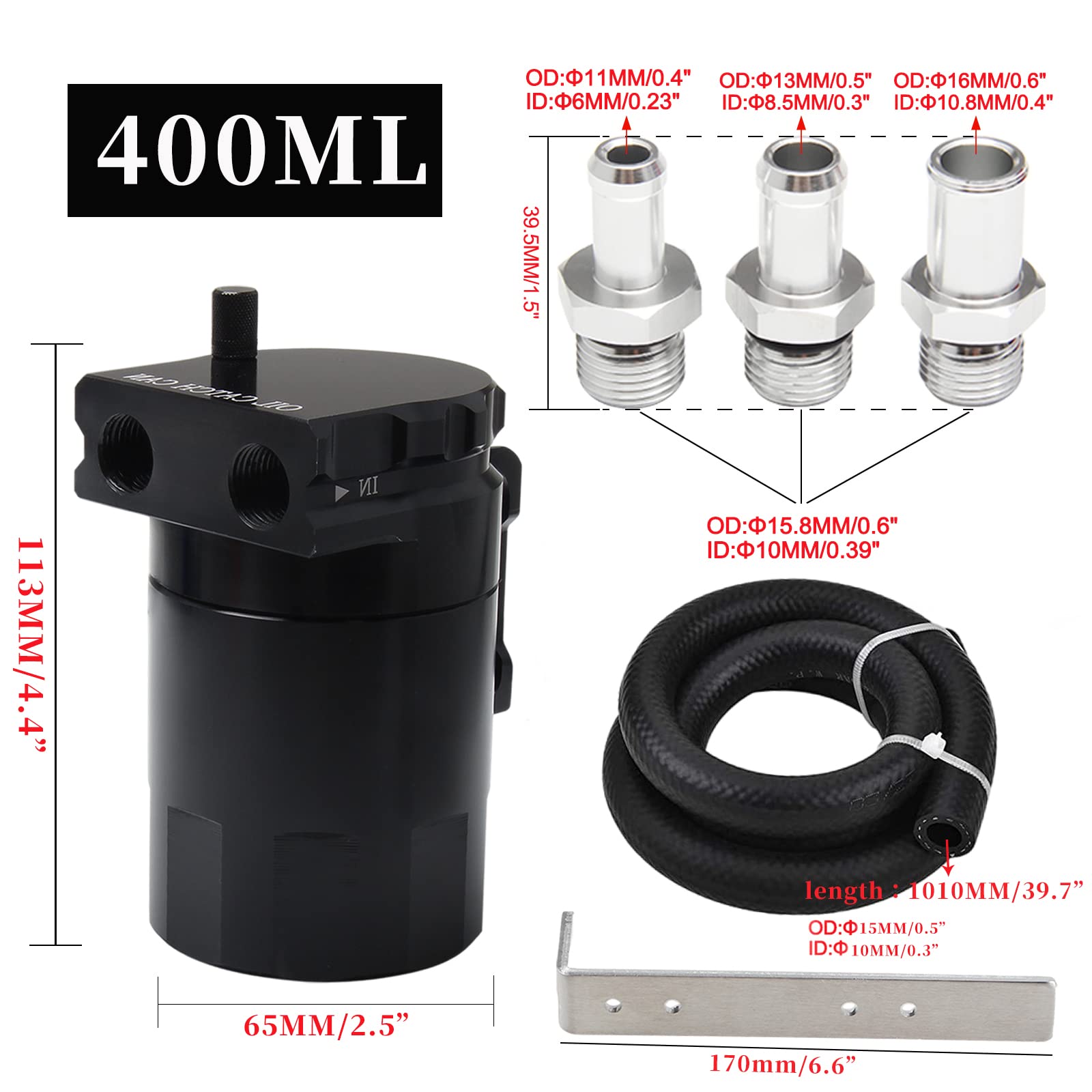 Pwr Fever Upgraded Baffled Oil Catch Can Kit Oil Separator Catch Can Aluminum With 3/8' Strengthened Nbr Fuel Line Black 400Ml