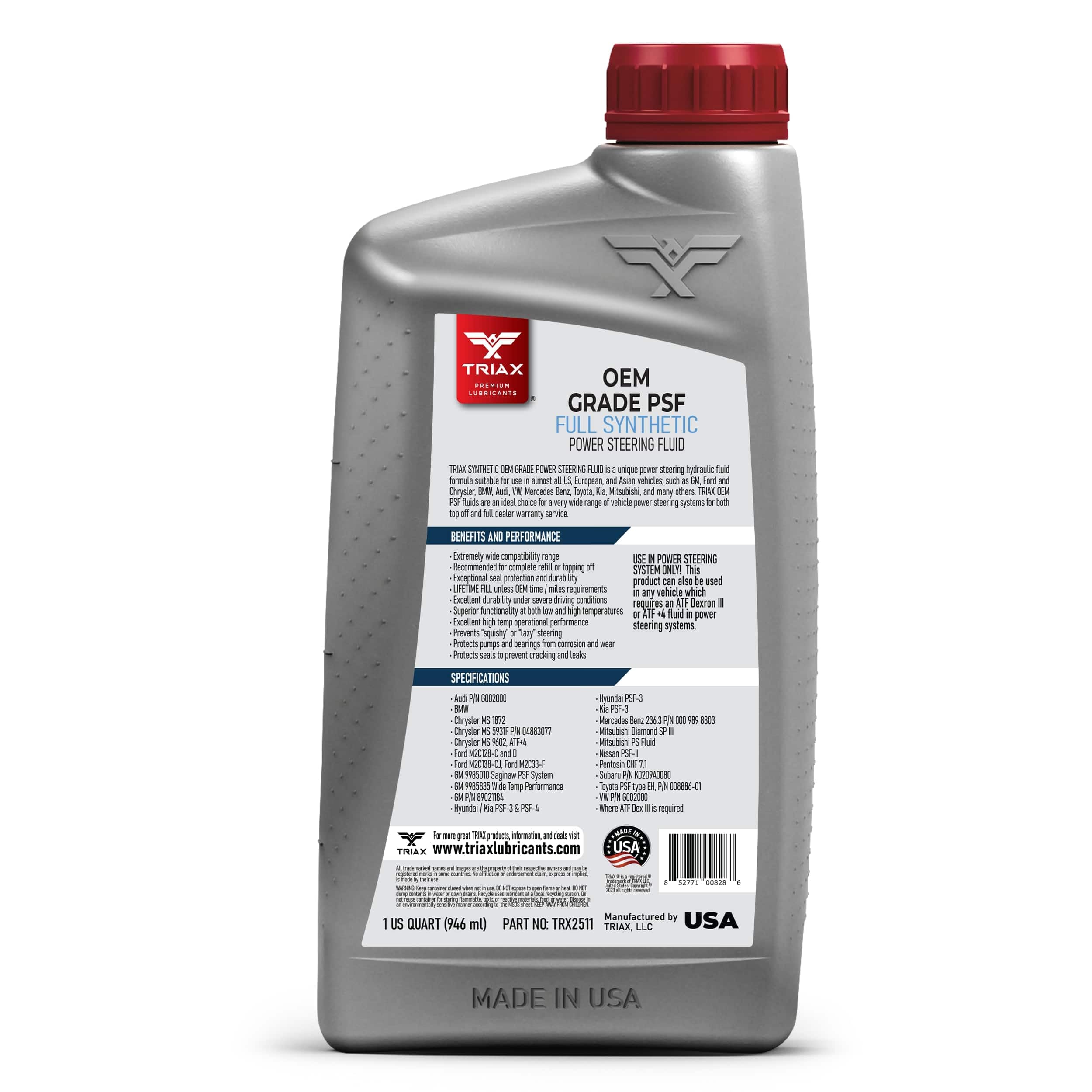 Triax Oem Grade Psf Power Steering Fluid, Synthetic, Universal, Arctic Grade -50 Cold Flow, Fits Most Asian, Us, And European Cars, Full Synthetic With Esters, Widest Spec Application (1 Quart)