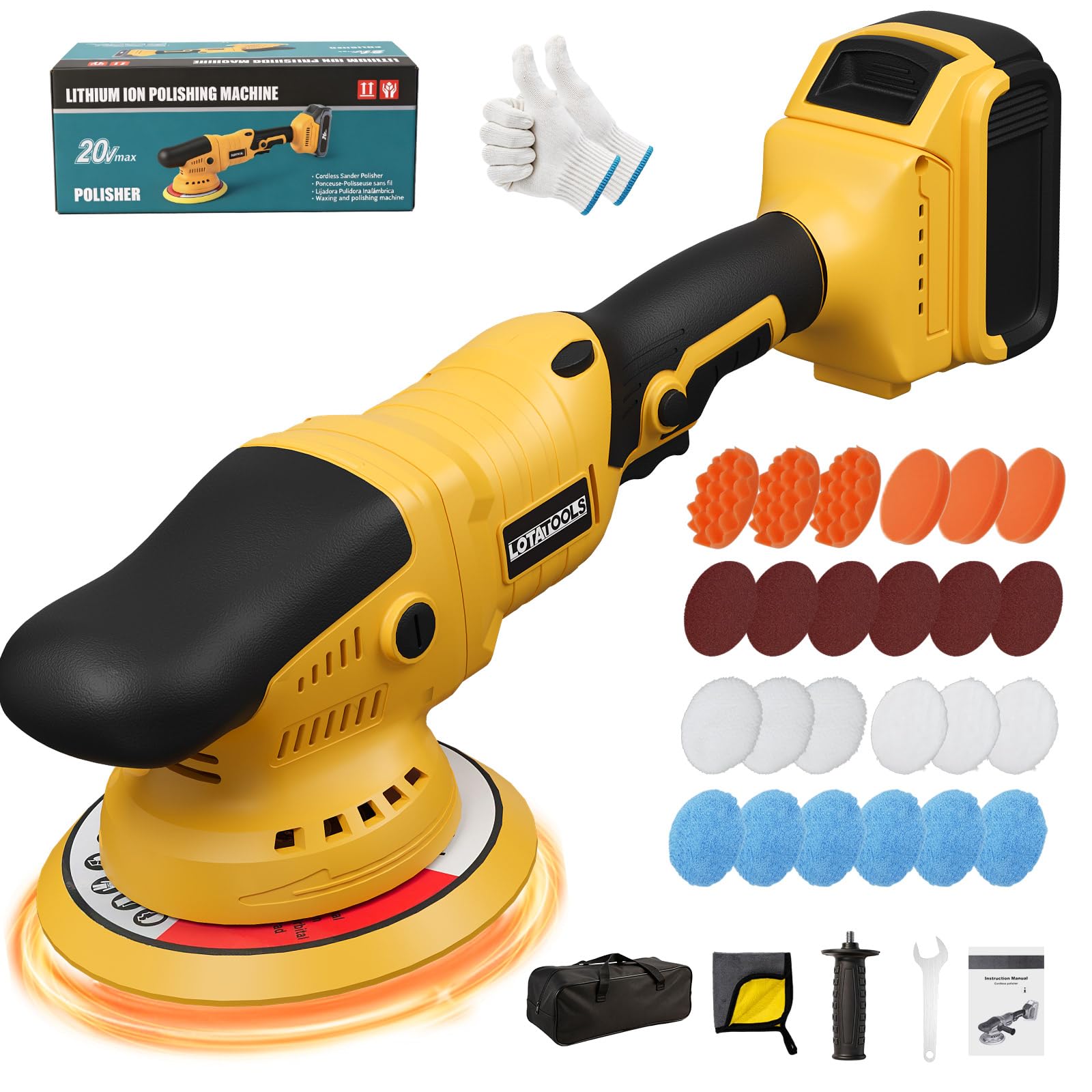 LotaTools Car Buffer Polisher Kit, 6 Inch Cordless Polisher Compatible with Dewalt 21V Battery 6 Variable Speed 2800-5800 RPM De