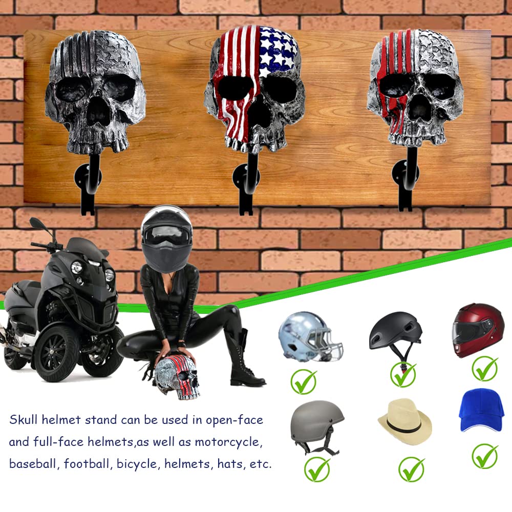 Tooyuart Motorcycle Accessories Helmet Holder Wall Mount, Skull Motorcycle Helmet Rack With 2 Hooks Hanger For Coats, Caps, Spor