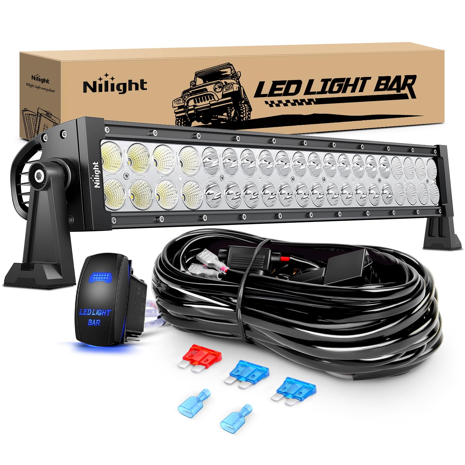 Nilight 22Inch 120W Spot Flood Combo Led Light Bar Off Road Driving Lights Boat Lights Fog Light 12V On/Off 5 Pin Rocker Switch