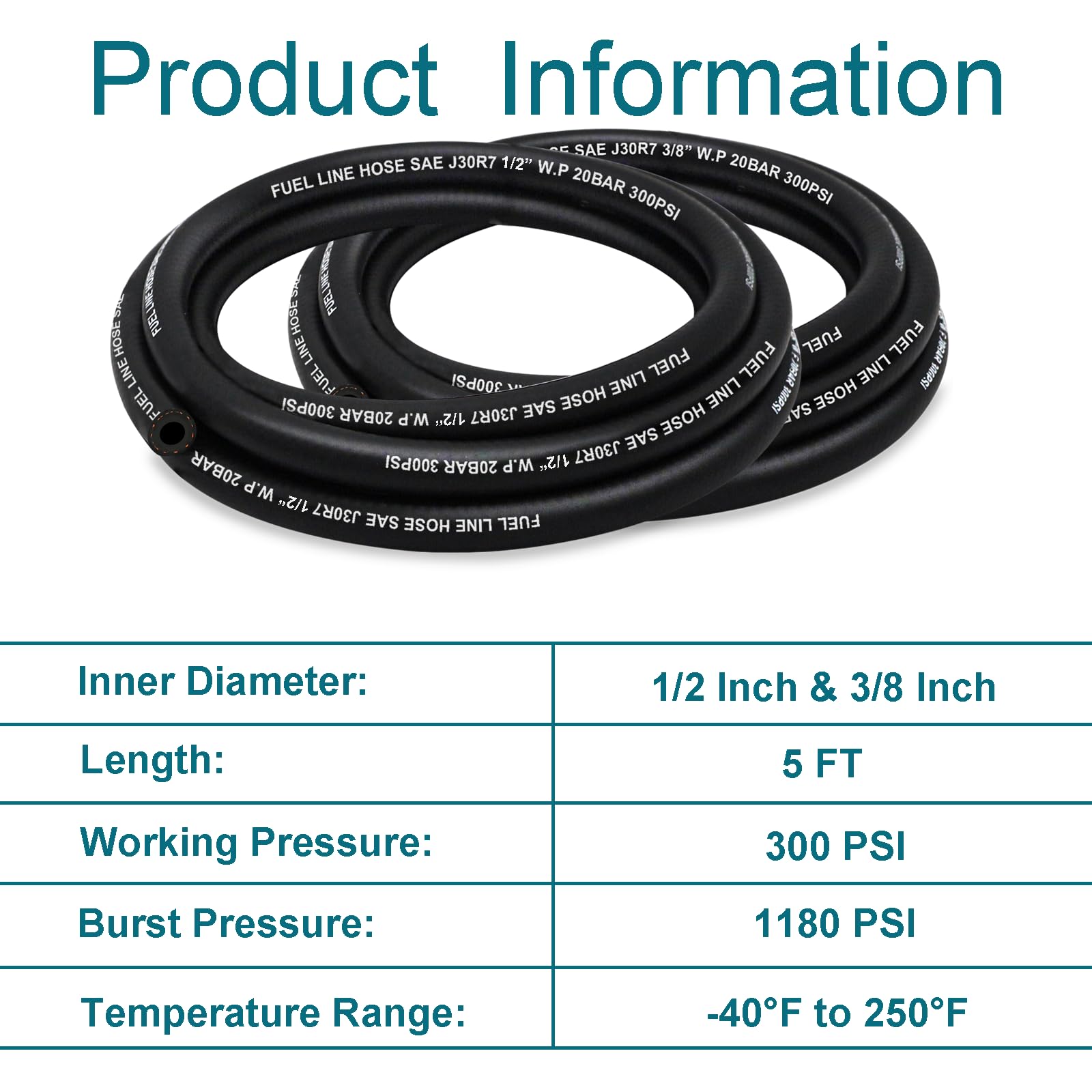 HOUSUN Fuel Line 3/8 1/2 Inch ID, Fuel Hose 10FT 300PSI High-Pressure with 20 Clamps., J30R7 Fuel Line Hose NBR.