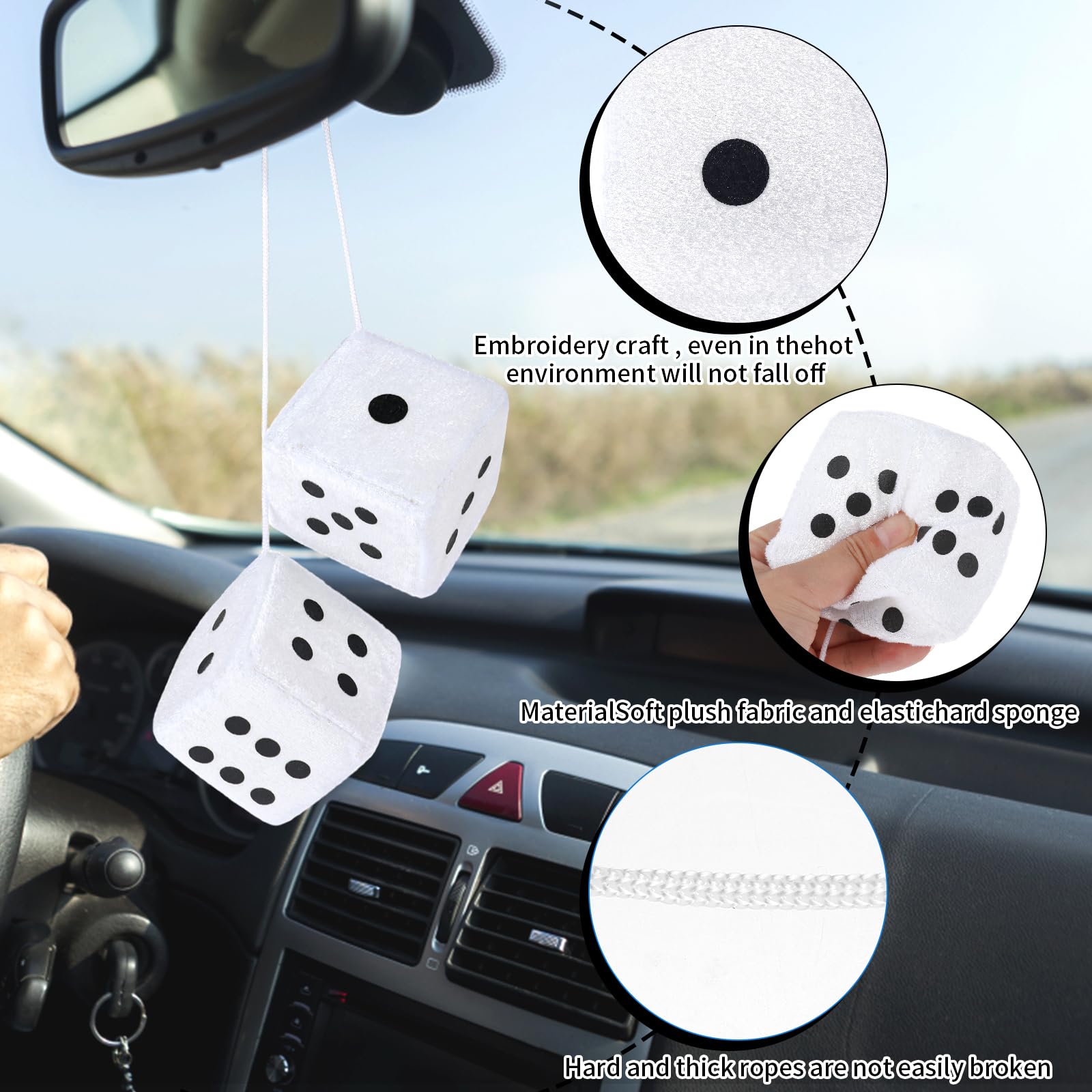Fuzzy Dice For Rear View Mirror, White Fuzzy Dice For Car Mirror, 2.75Inch Pair Of Plush Retro Square Hanging Dice With White Do