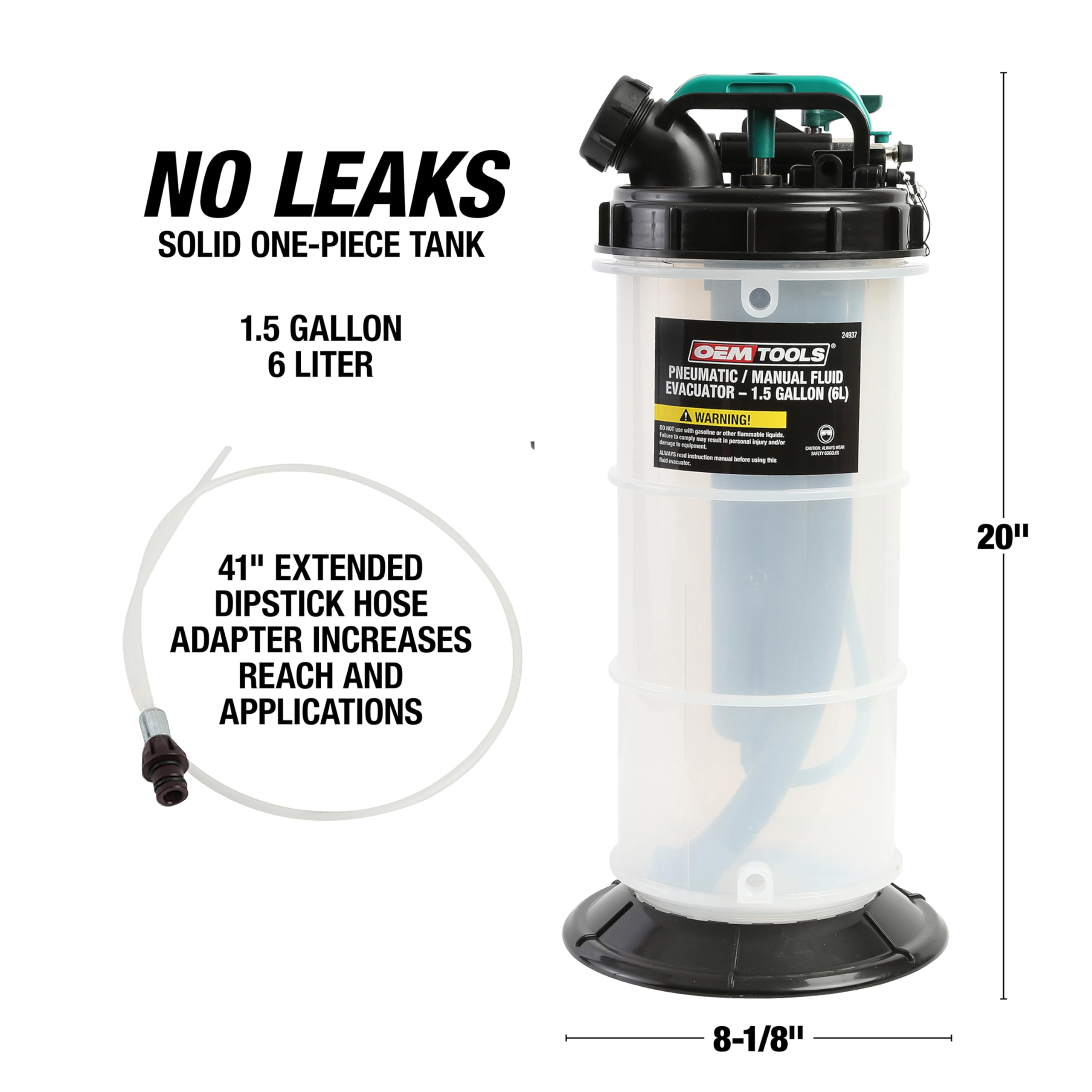 OEMTOOLS 24937 6-Liter Pneumatic/ Manual Fluid Pump Extractor, 5ft Main Suction Hose, Oversized Pumping Handle, Leak Proof, For Automotive Oil Change