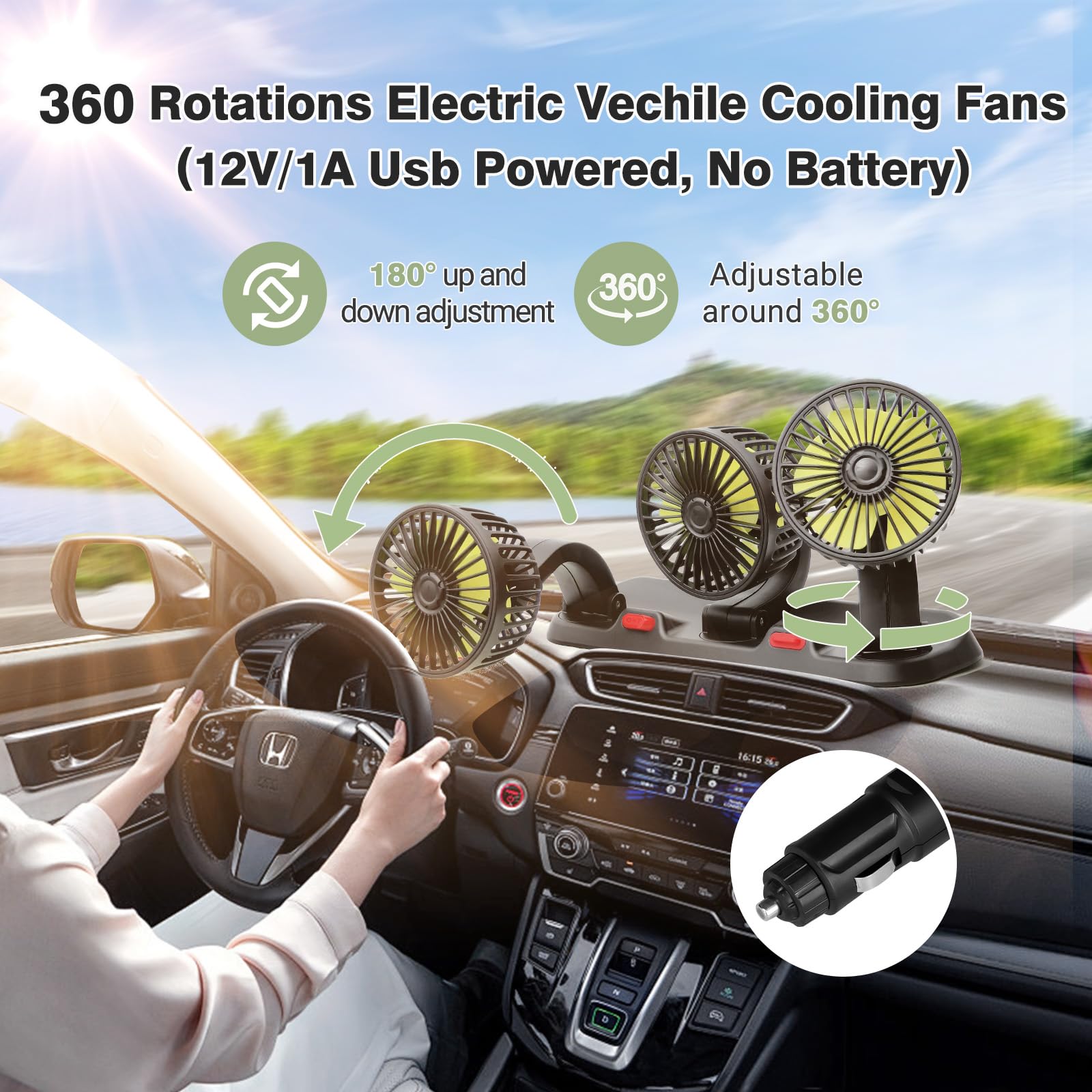 Huenlyel Car Dashboard Fan For Car, Triple Heads 12V Fan For Car Dashboard Truck Suv Rv(12V/1A Plug)