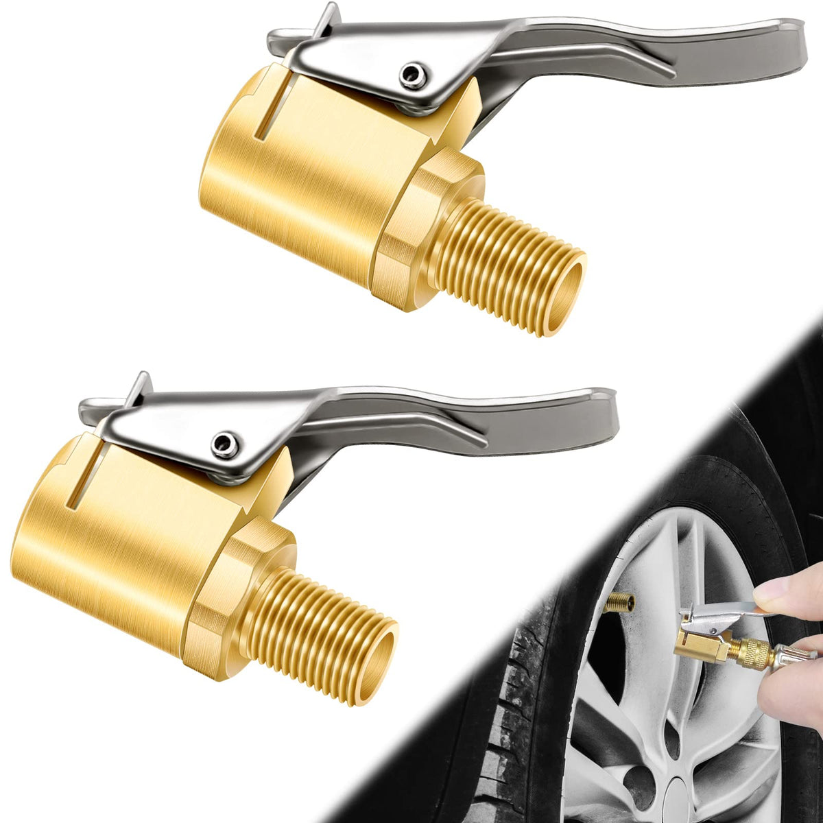 2 Pcs Brass Locking Tire Air Chuck, Tire Inflator Hose Adapter for Twist On Connection Convert to Lock On, No Air Leakage Air Co