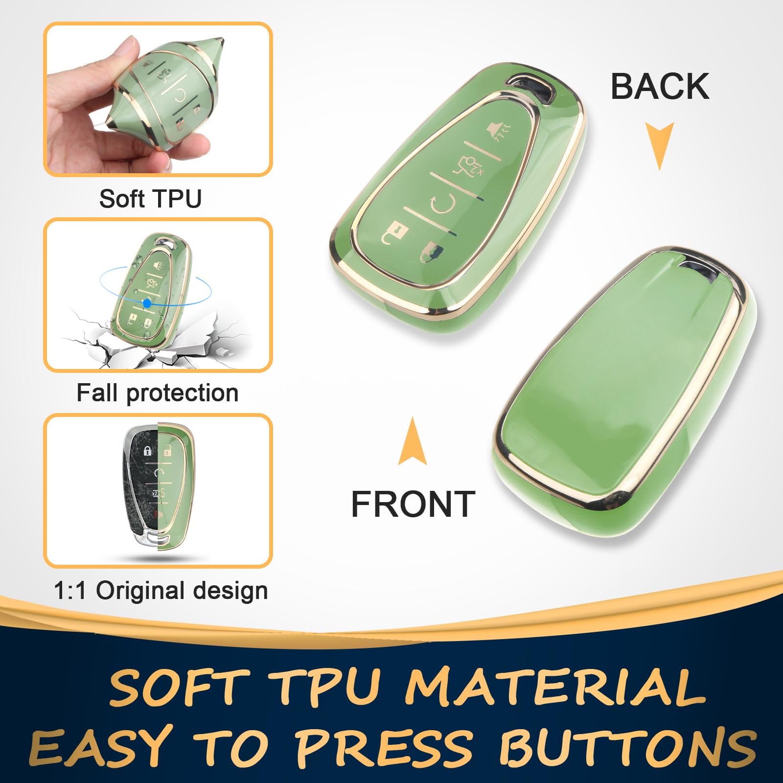 Qbuc For Chevy Key Fob Cover With Keychain Gold Trim Soft Tpu Protection Case Compatible With 2016-2025 Chevy Equinox Malibu Cam