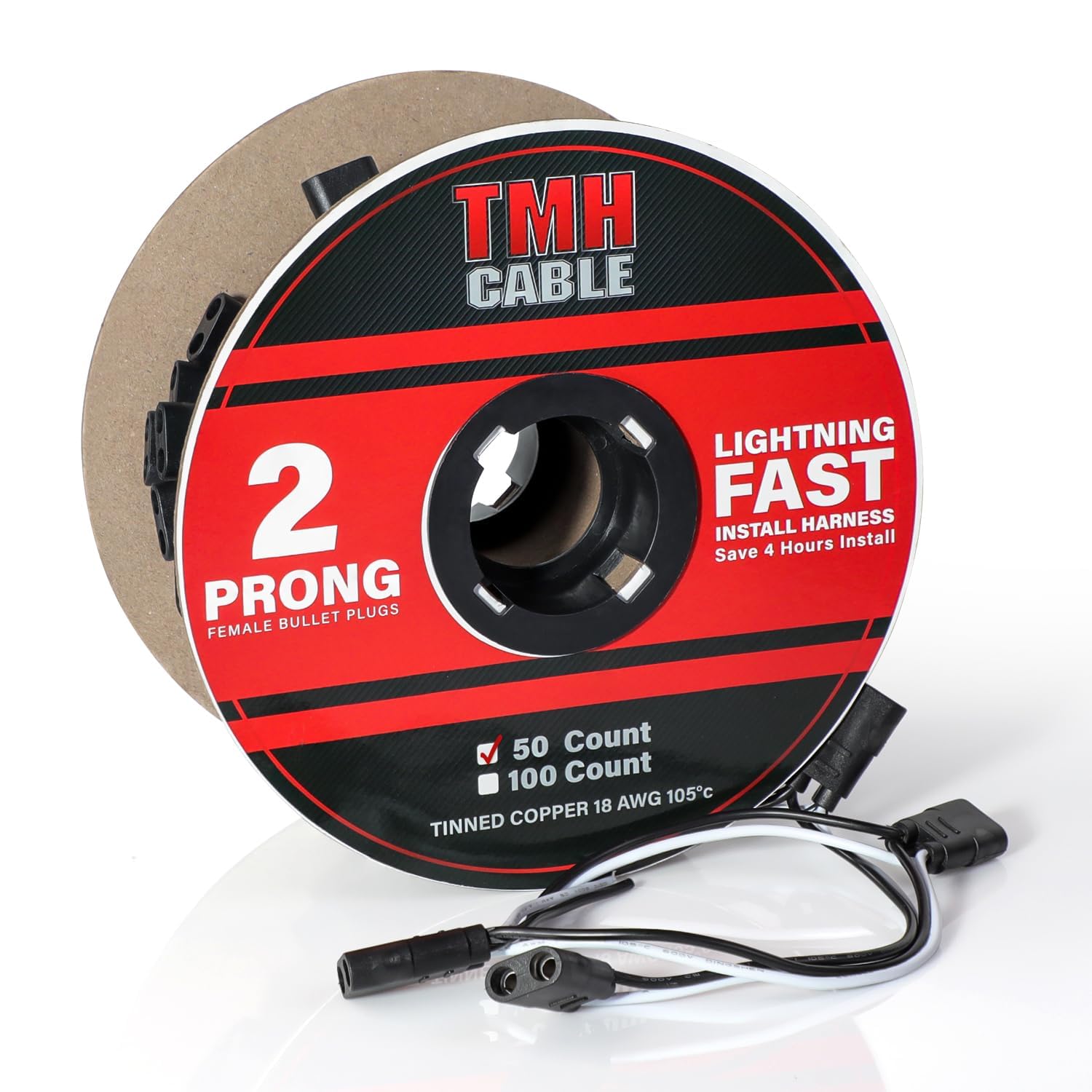 Tmh 50 Count 2-Prong Wire Harness Roll Double Female Bullet Plug 18 Gauge - 6.5'' Spacing For Led Marker Clearance Lights Hassle