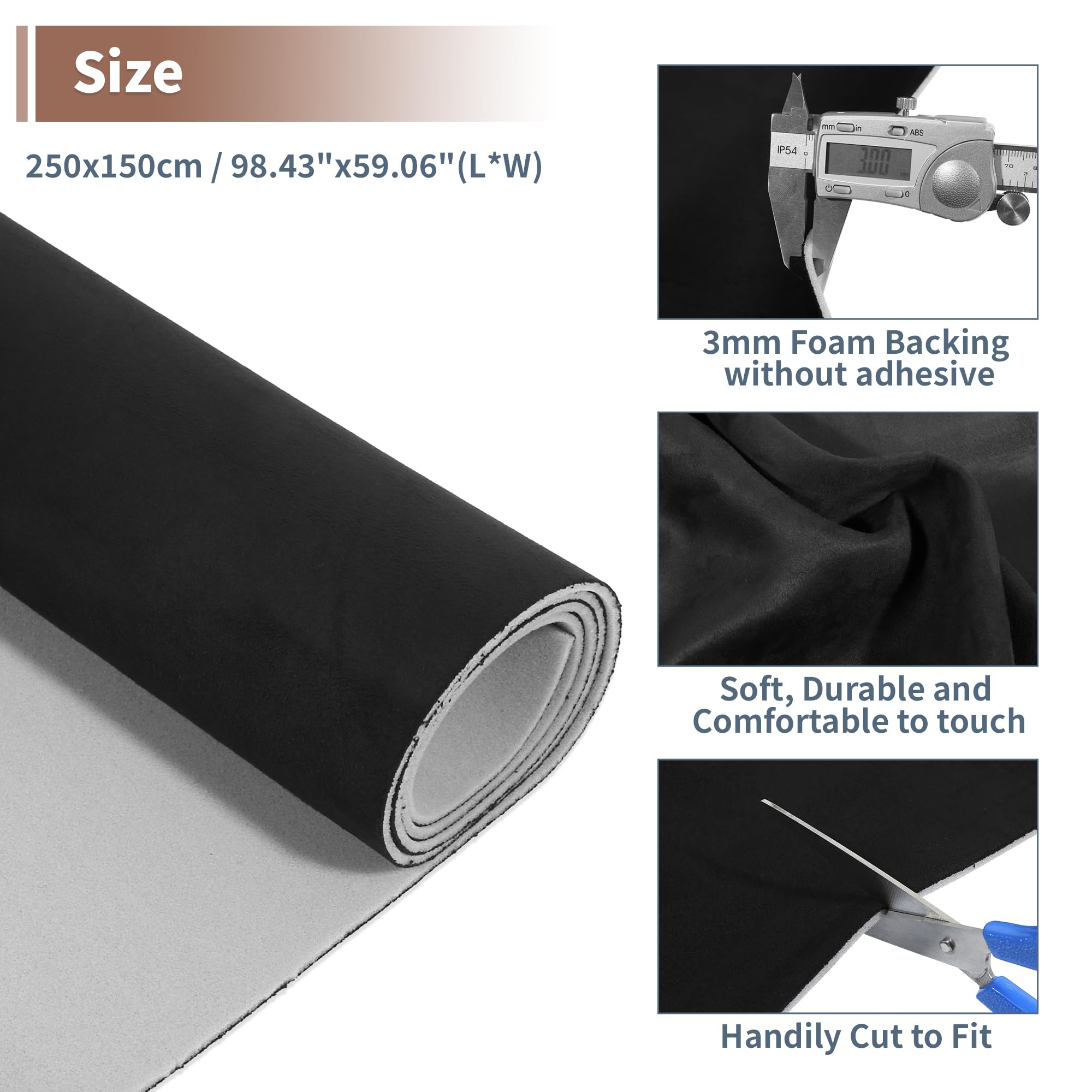 HEROFFIX 96x60 Black Suede Fabric Headliner - Foam Backing DIY Roof Repair for Car, Truck, RV, SUV, Boat Automotive