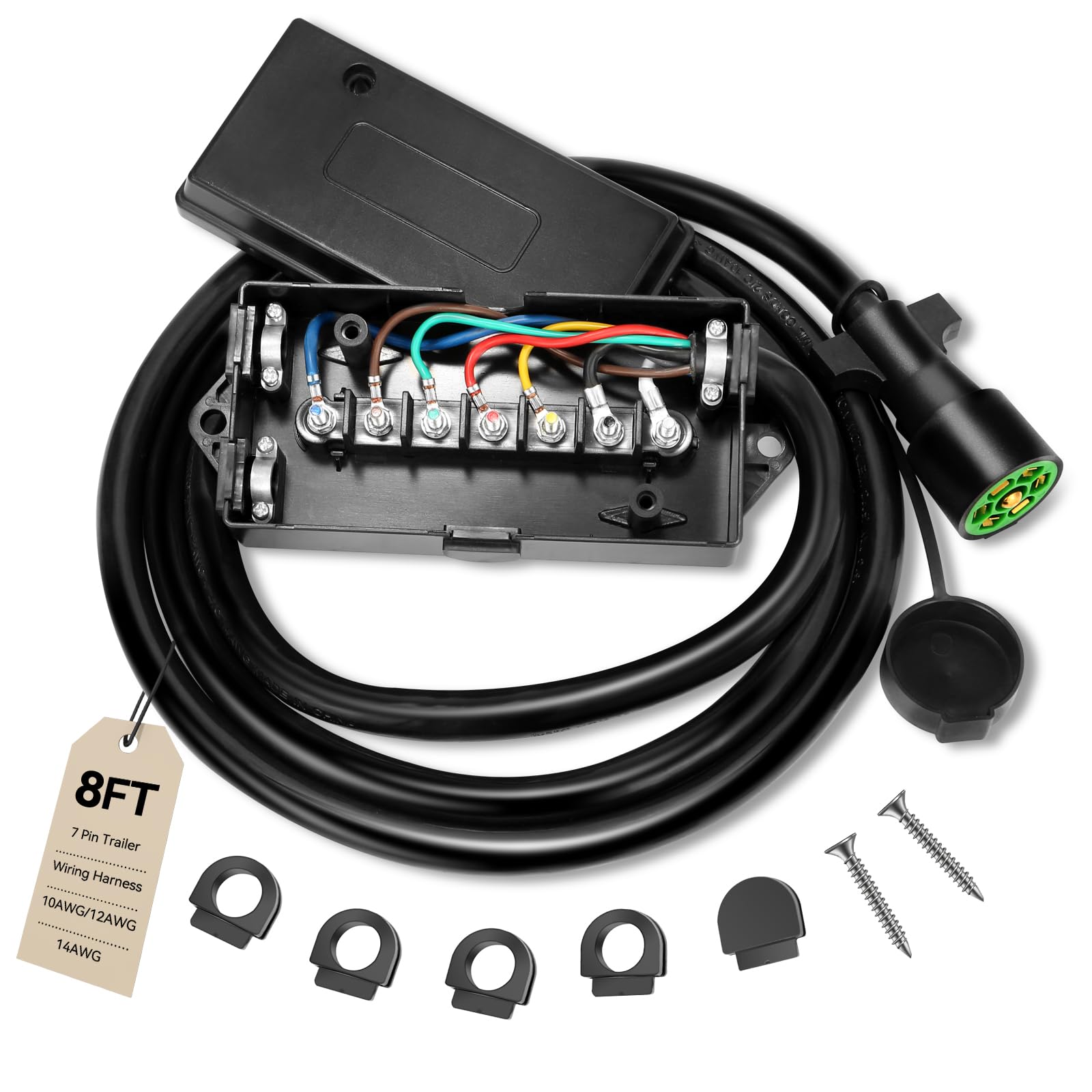 Gubrdfrsod 8 Ft 7 Pin Trailer Wiring Harness With 7 Gang Junction Box, Heavy Duty 7 Way Trailer Junction Box 7 Pole Waterproof f