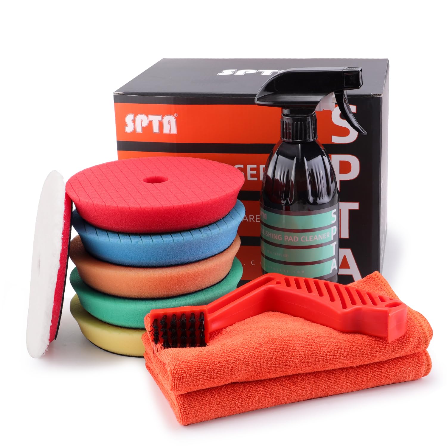 SPTA 10 Pcs Detailing Set, 5Pc 6 inch Buffing Polishing Pads, 1 Microfiber Finish Pad, 1-16 oz Polishing Cleaner, 1 Conditioning