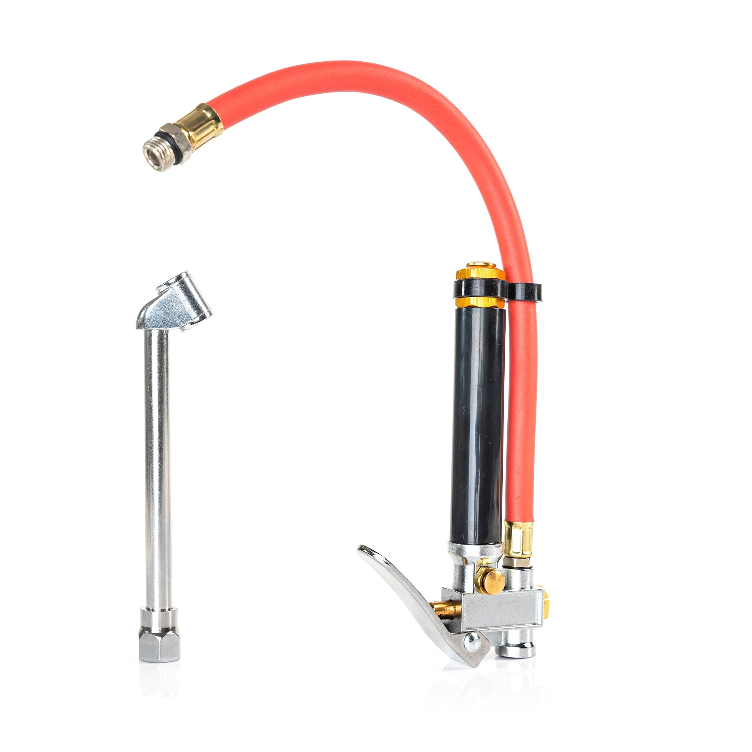 Neiko 20701A Tire Inflator | 12 Inch | Flexible Air Tire Pressure Gauge | 20 – 120 Psi | 1/4” Npt Offset Dual Head Chuck | Tire Filler With Hose | Aluminum Body And Brass Valves | Stem Valve Caps