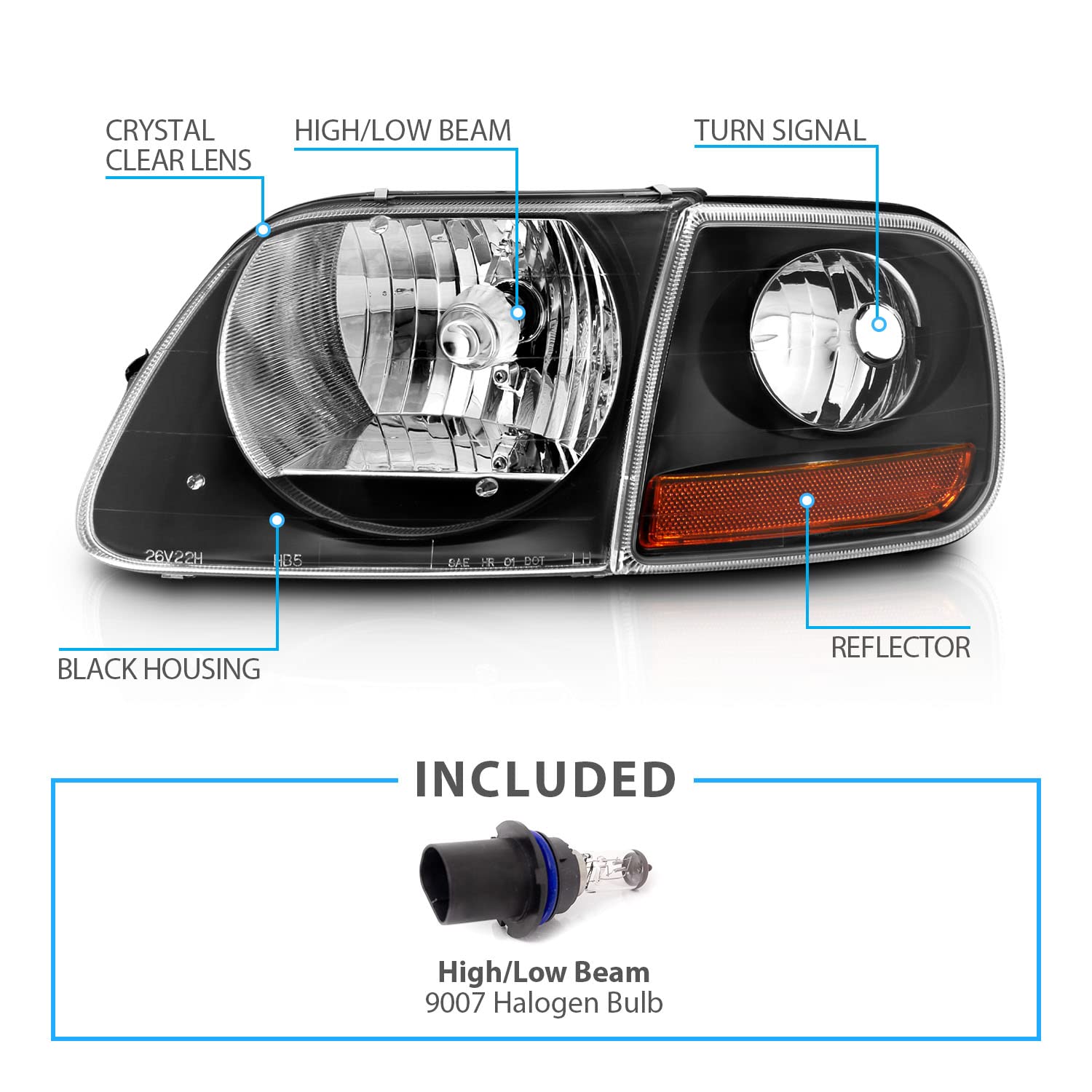 Amerilite For 1997-2003 Ford F150 F-150 Harley Lightning 4Pcs Halogen Headlights Corner Parking Lamp Assembly Set - Driver And P