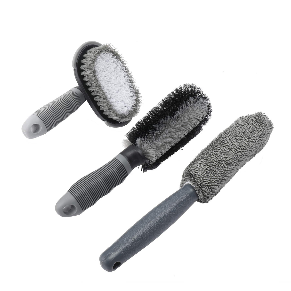 Auinland Car Wheel Cleaner Brush Kit, 1 Wire Flocking Wheel Cleaning Brush, 1 Rim Wash Brush, 1 Contoured Scrub Tire Shine Brush