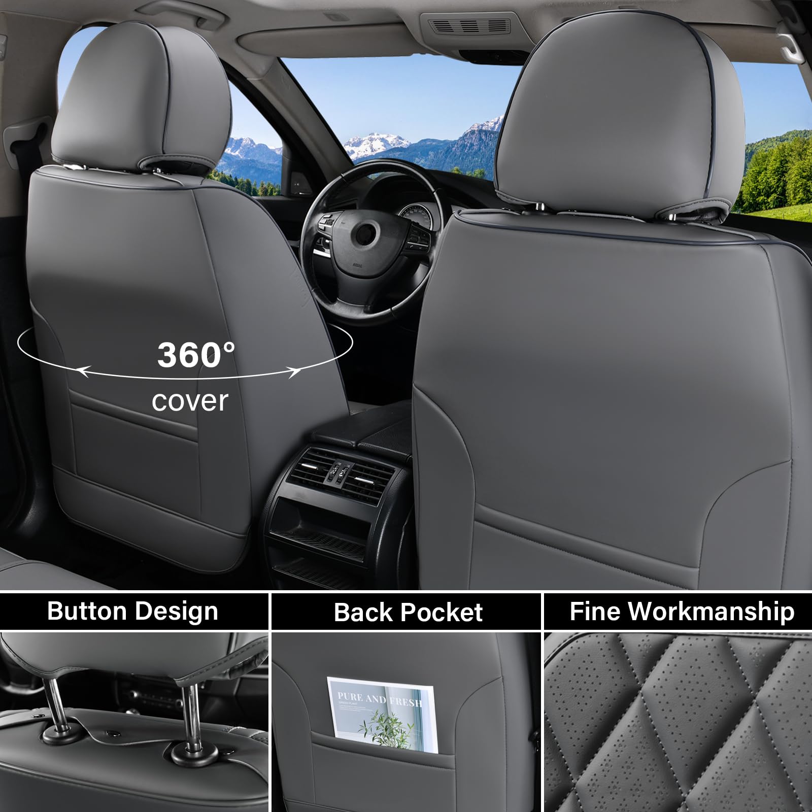 Coverado Car Seat Covers, Front Seat Cover, 2 Pack Luxury Faux Leather Seat Covers For Cars, Waterproof Car Seat Protector, Gray