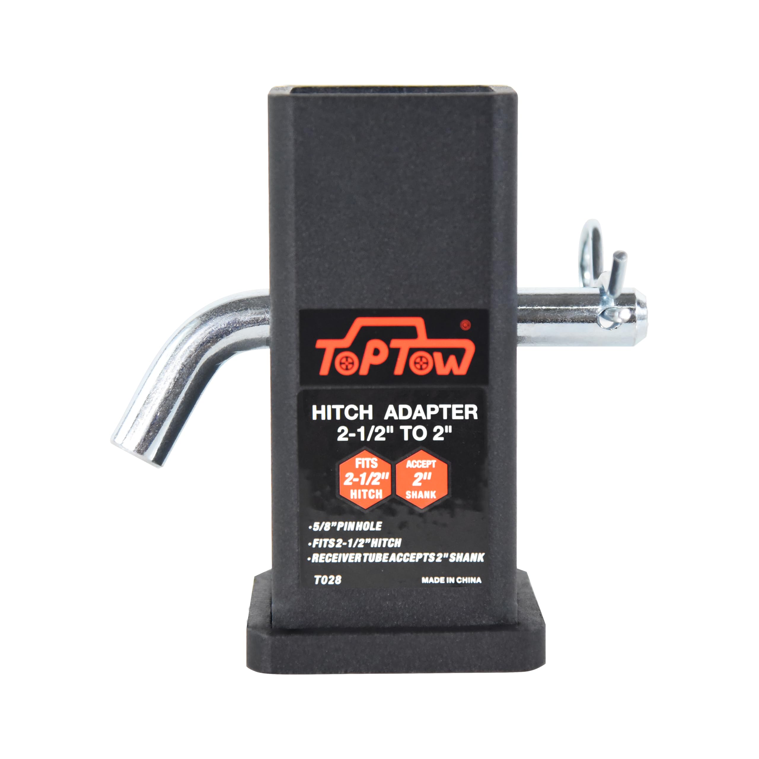 Toptow 64028Hp Trailer Hitch Adapter 2-1/2'' To 2'' Hitch Reducer Sleeve Carbon Steel, 5/8 Inch Pin & Clip Included