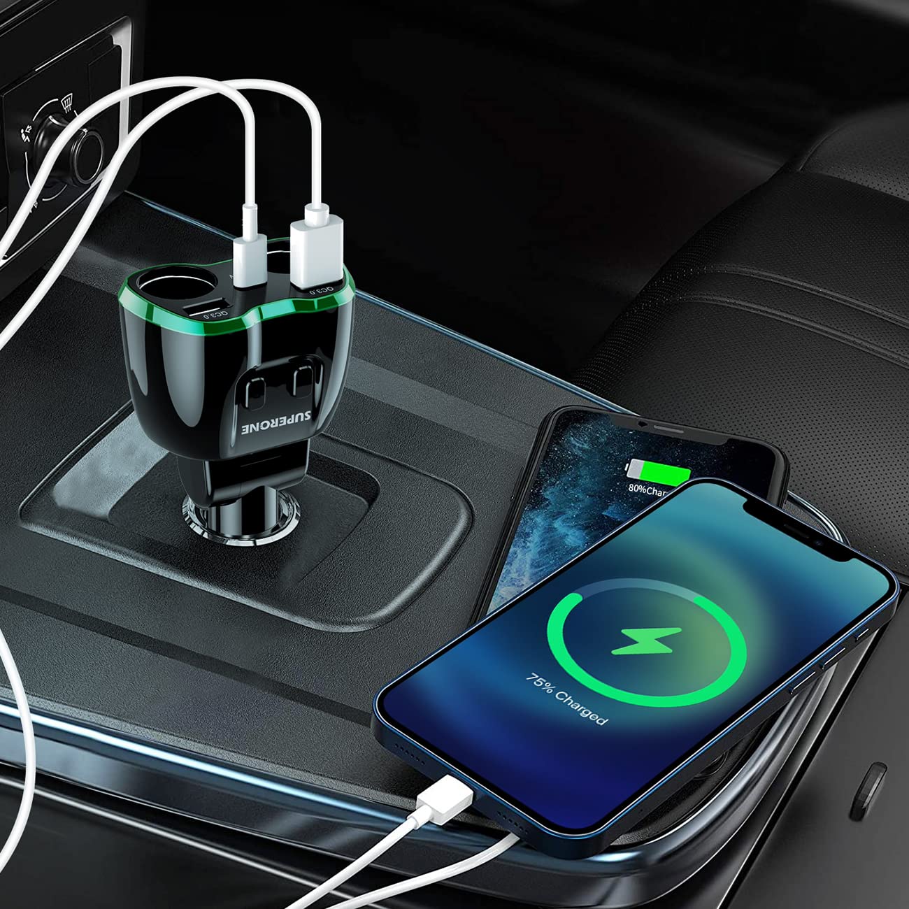 [2025 Upgraded] Cigarette Lighter Splitter, Superone 180W 2-Socket Cigarette Lighter Adapter With Dual Qc3.0 And 20W Pd Usb C Ca