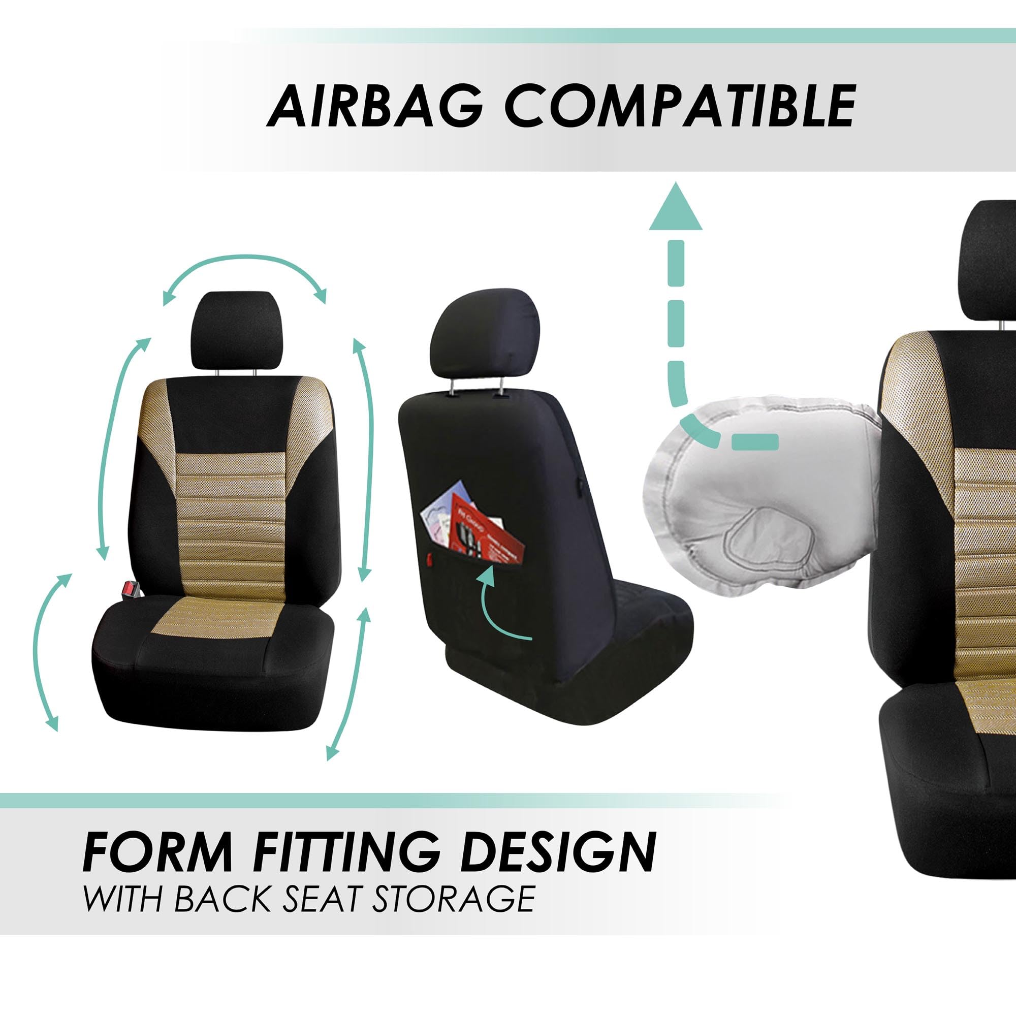 Fh Group Car Seat Covers Premium 3D Air Mesh Front Pair Set Airbag Compatible Beige And Black Automotive Seat Covers Universal F