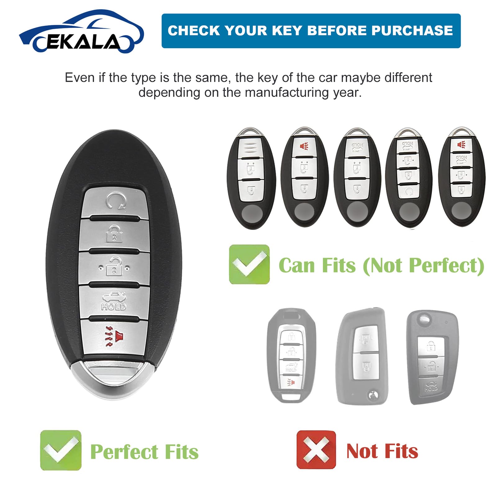 EKALA for Nissan Key Fob Cover 5 Buttons Soft TPU Full Covers Protection Key Case Shell with Leather Keychains Black Gold Fit fo