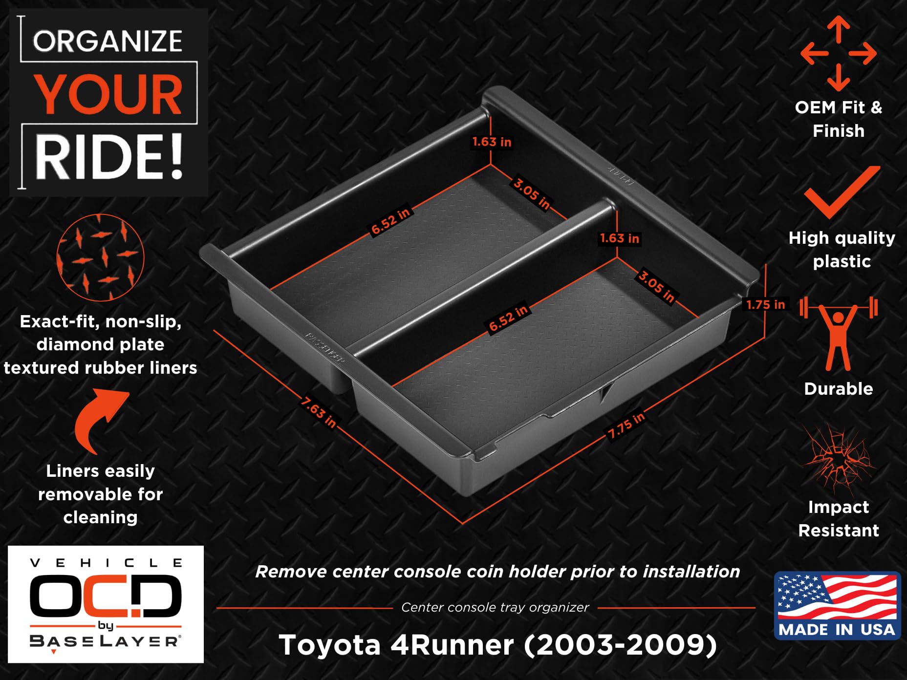 Vehicle Ocd - Center Console Organizer Tray For Toyota 4Runner (2003-2009) - Made In Usa - Slx140