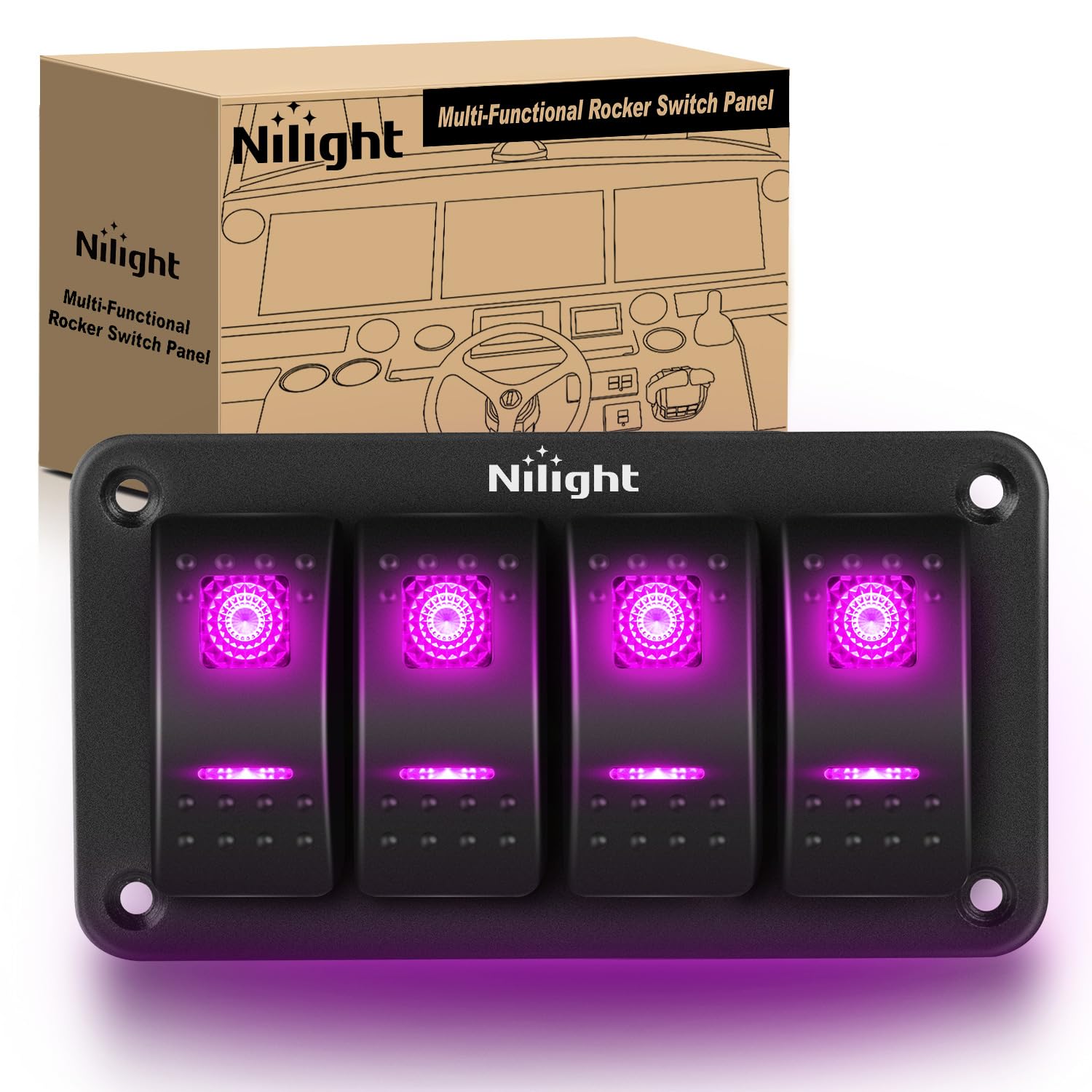 Nilight 4 Gang Rocker Switch Panel With Purple Led Light 5 Pin On Off Pre-Wired Rocker Switch Aluminum Panel Toggle Switch Panel
