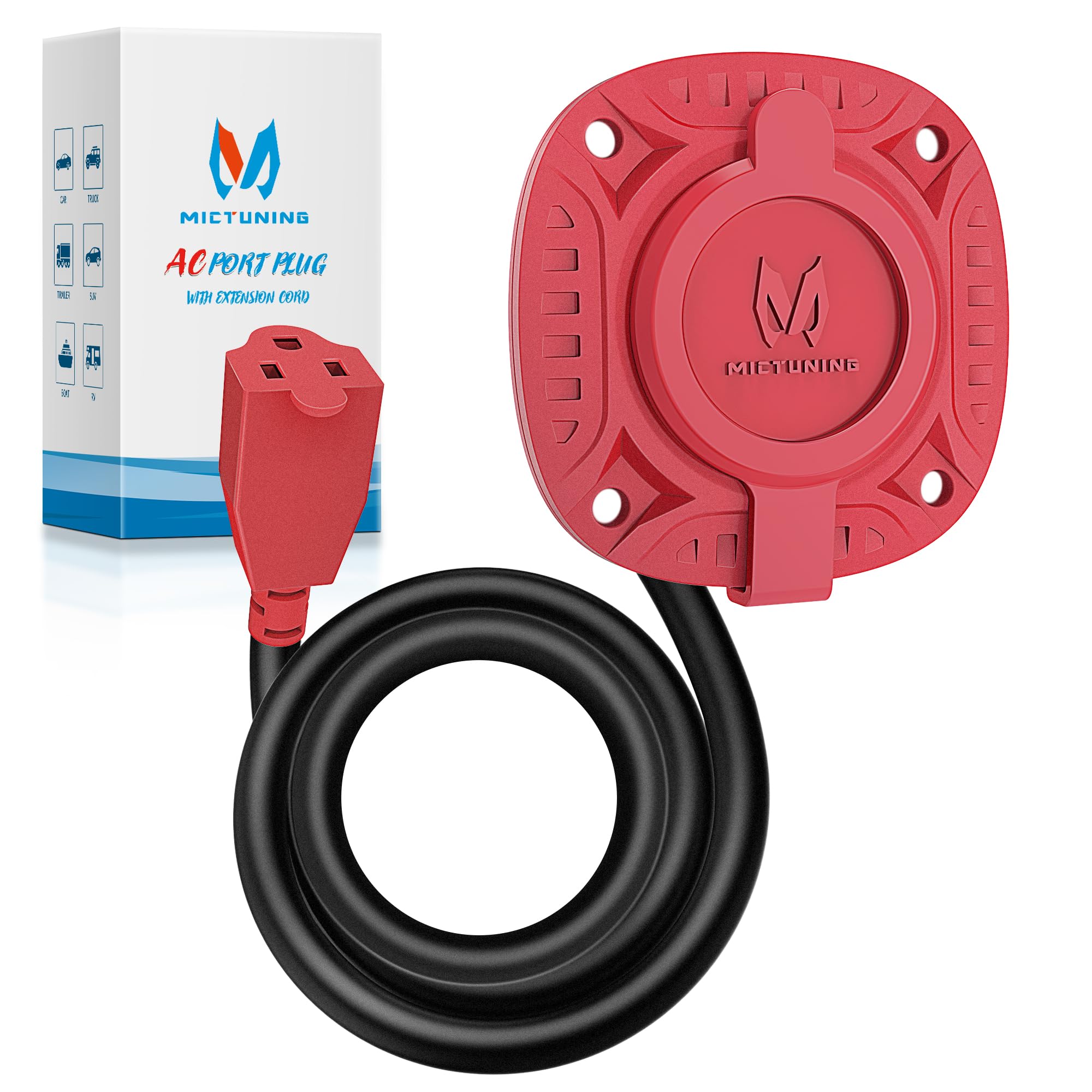 Mictuning 15Amp 125V Ac Port Plug With 20'' Integrated Heavy Duty Extension Cord And Water-Resistant Cap - Red