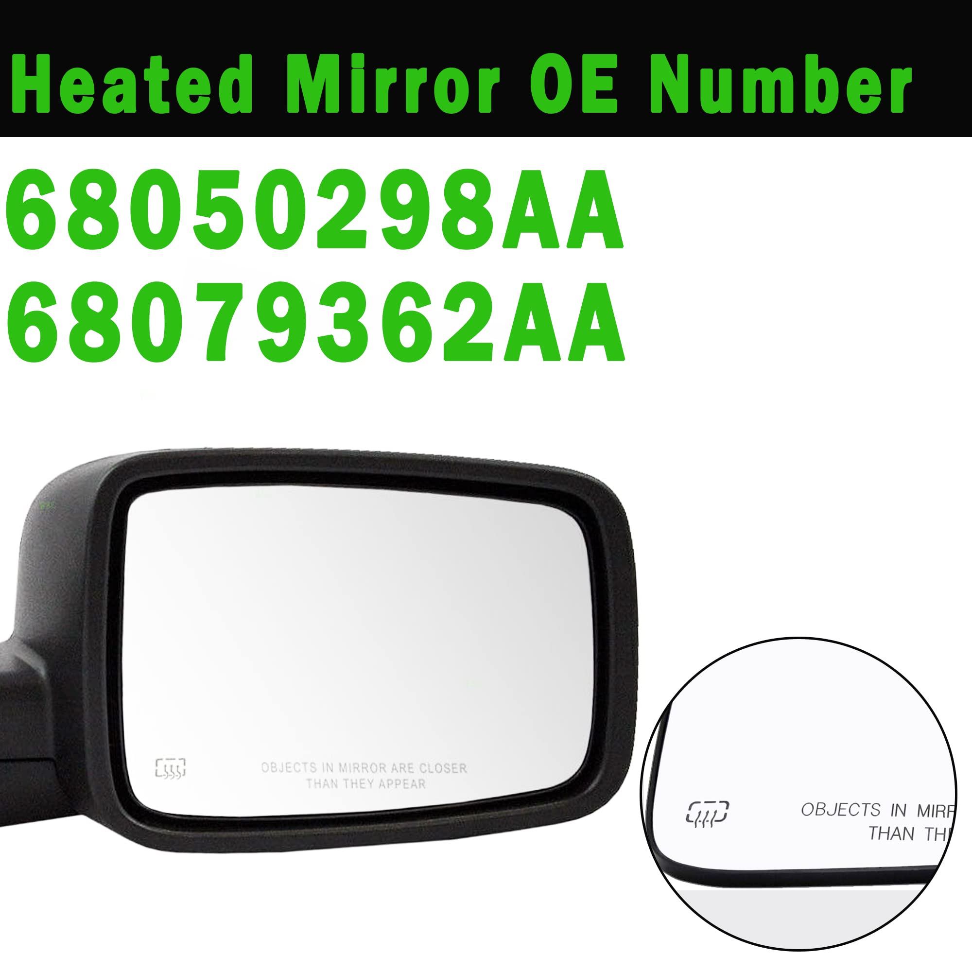 Ram Passenger Right Side Heated Mirror Glass Compatible With 2009-2018 Dodge Ram 1500 2500 Right Power Heated Convex Mirror Glass 68050298Aa, 68079362Aa