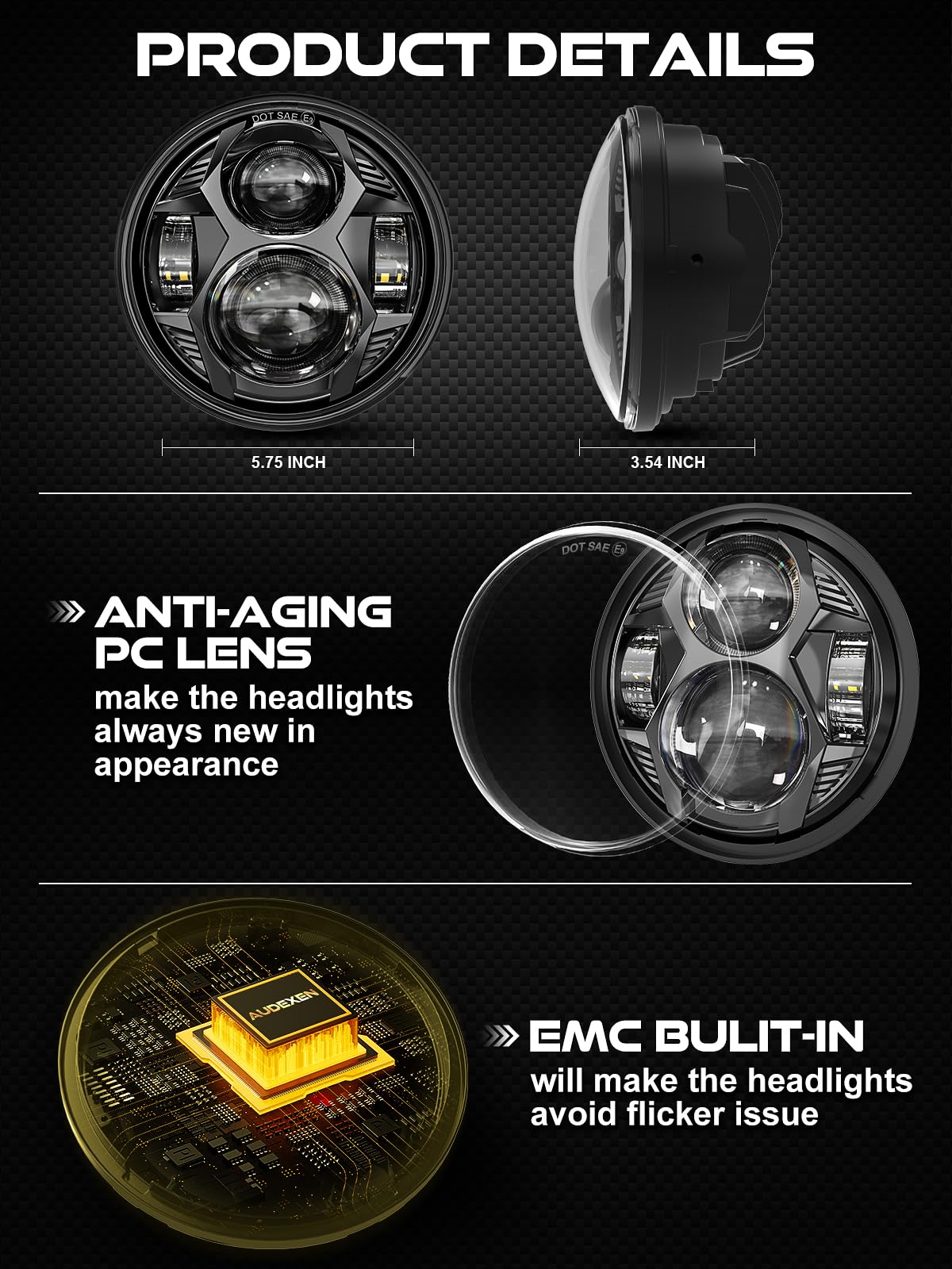 5.75 Inch Round Led Headlight 51W 5-3/4'' Headlight Compatible With Harley Dyna Sportster Iron 883 Street Rod Street Bob Softail