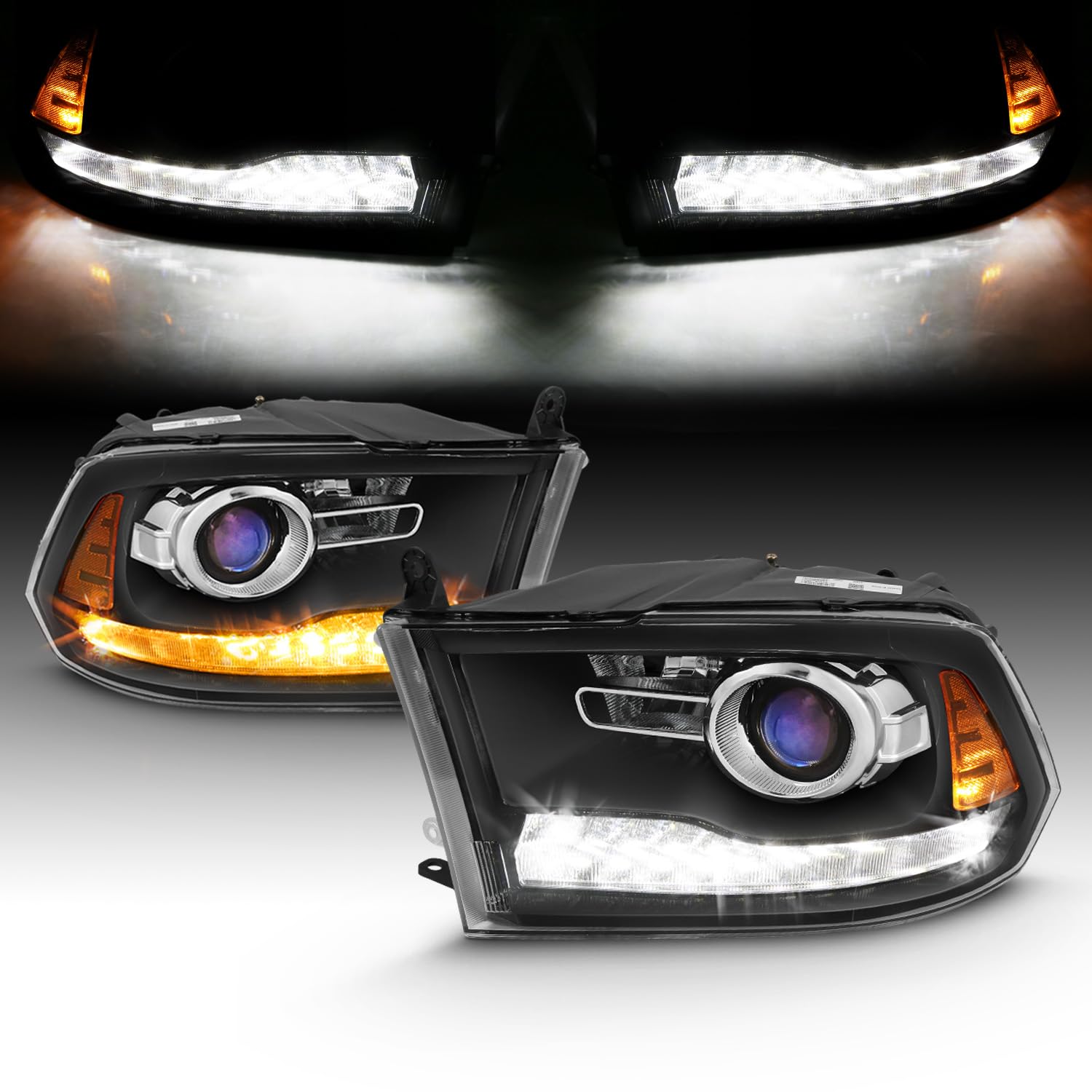 Amerilite For 2009-2018 Dodge Ram 1500 2500 3500 Dual/Projector Models Switchback Led Tube Matte Black Replacement Headlight Ass