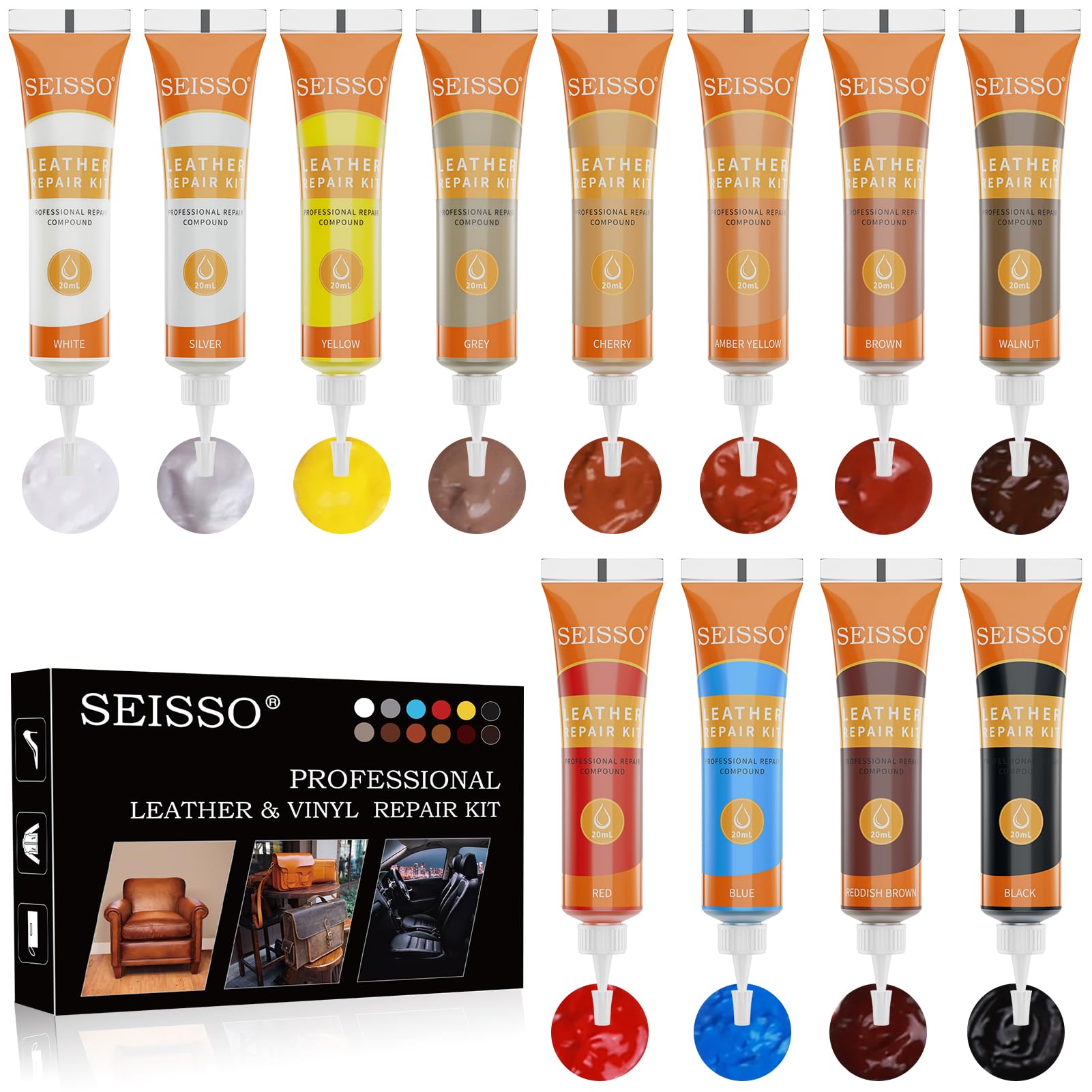 12 Colors Leather Repair Kit - For Furniture Car Seats Couches Sofa Shoes Boat, Leather Dye Restore Scratches Tears Holes, Purses Jacket Leather Paint, Vinyl Repair Kit Bonded Leather Genuine Italian…