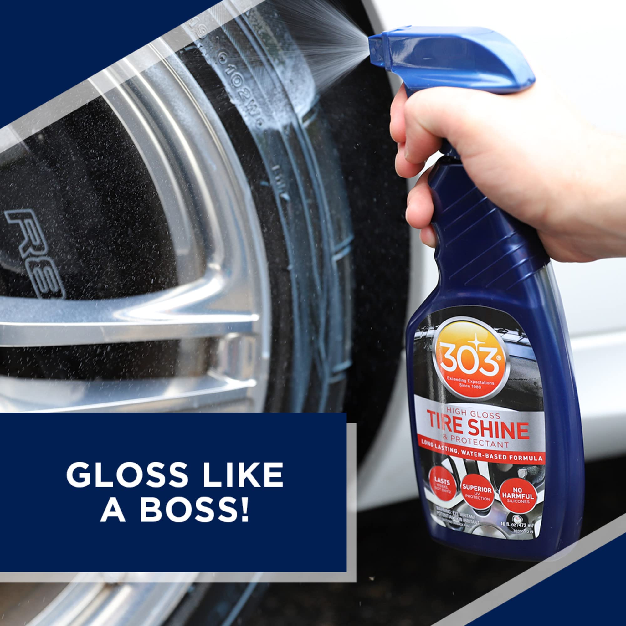 303 Products High Gloss Tire Shine And Protectant - Long Lasting, Water Based Formula - Lasts For Weeks - No Harmful Silicones - Lasts Weeks Not Days, 16 Fl. Oz. (30395Csr) Packaging May Vary