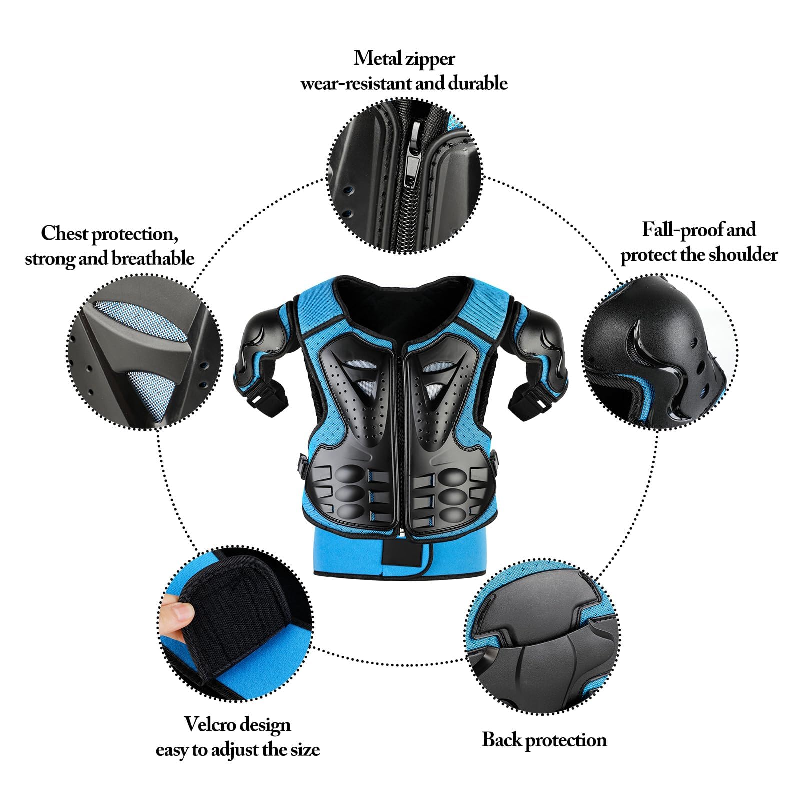Youth Dirt Bike Gear, Justdolife 5 Pcs Motorcycle Armbor Protection Jacket, Kids Motorcycle Armor With Knee Pads Elbow Pads Chest Protector Racing,For Outdoor Sports - 4/6/8/10/12 Years (Blue)