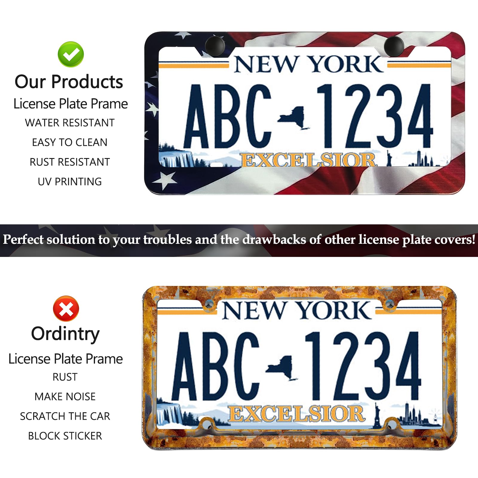 Patriotic American Flag License Plate Frame Holder - 2 Pack Universal Quality Metal Aluminum Matte Stripe Us Flag Gloss Car Plat