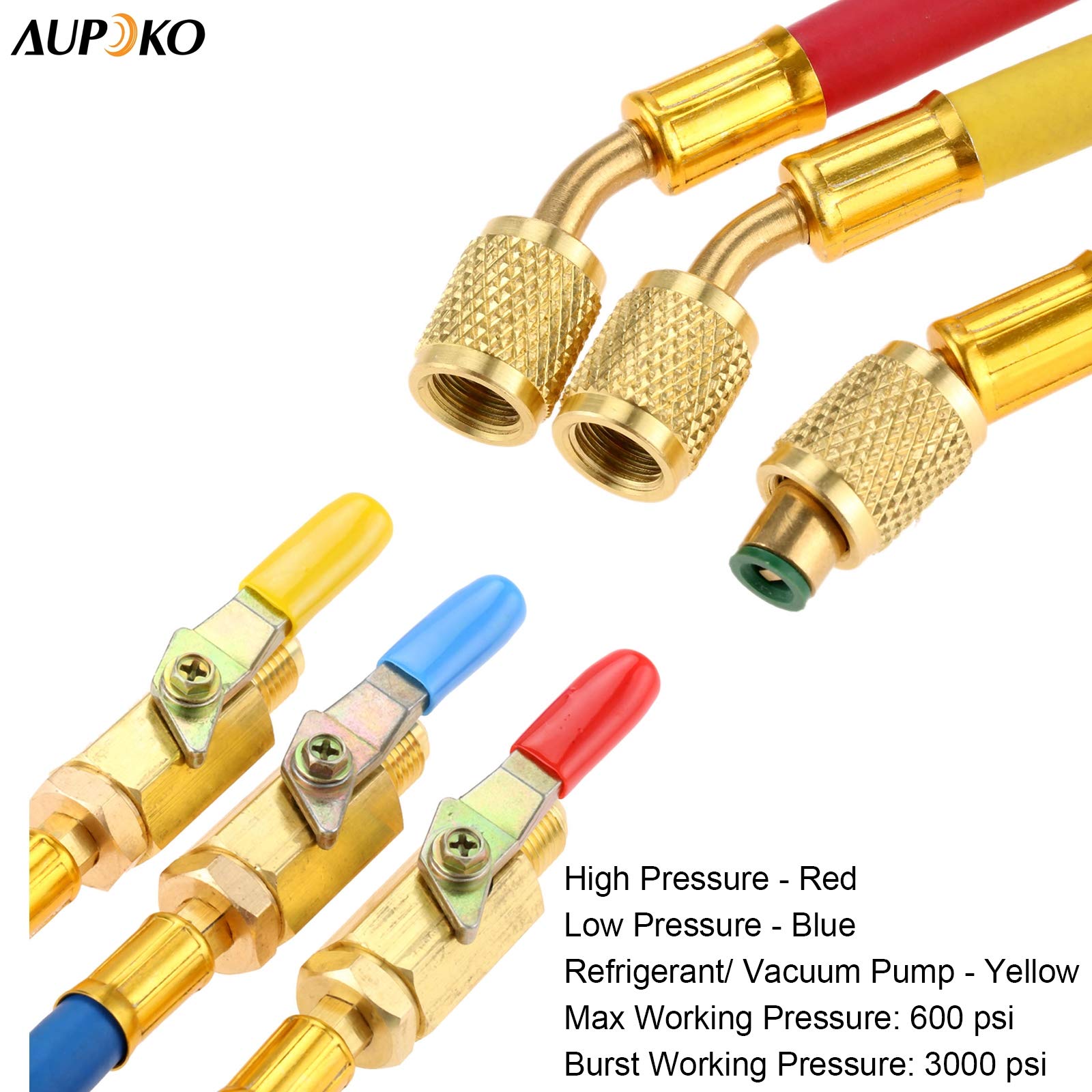 R134A R410A R22 R12 Charging Hoses And Ball Valve Set, 3 Pcs Color Coded Hoses/W Ball Valve 1/4 Sae Thread (7 Long) For Ac Hvac Maintenance Kit And Air Condition Refrigeration Charging Tools