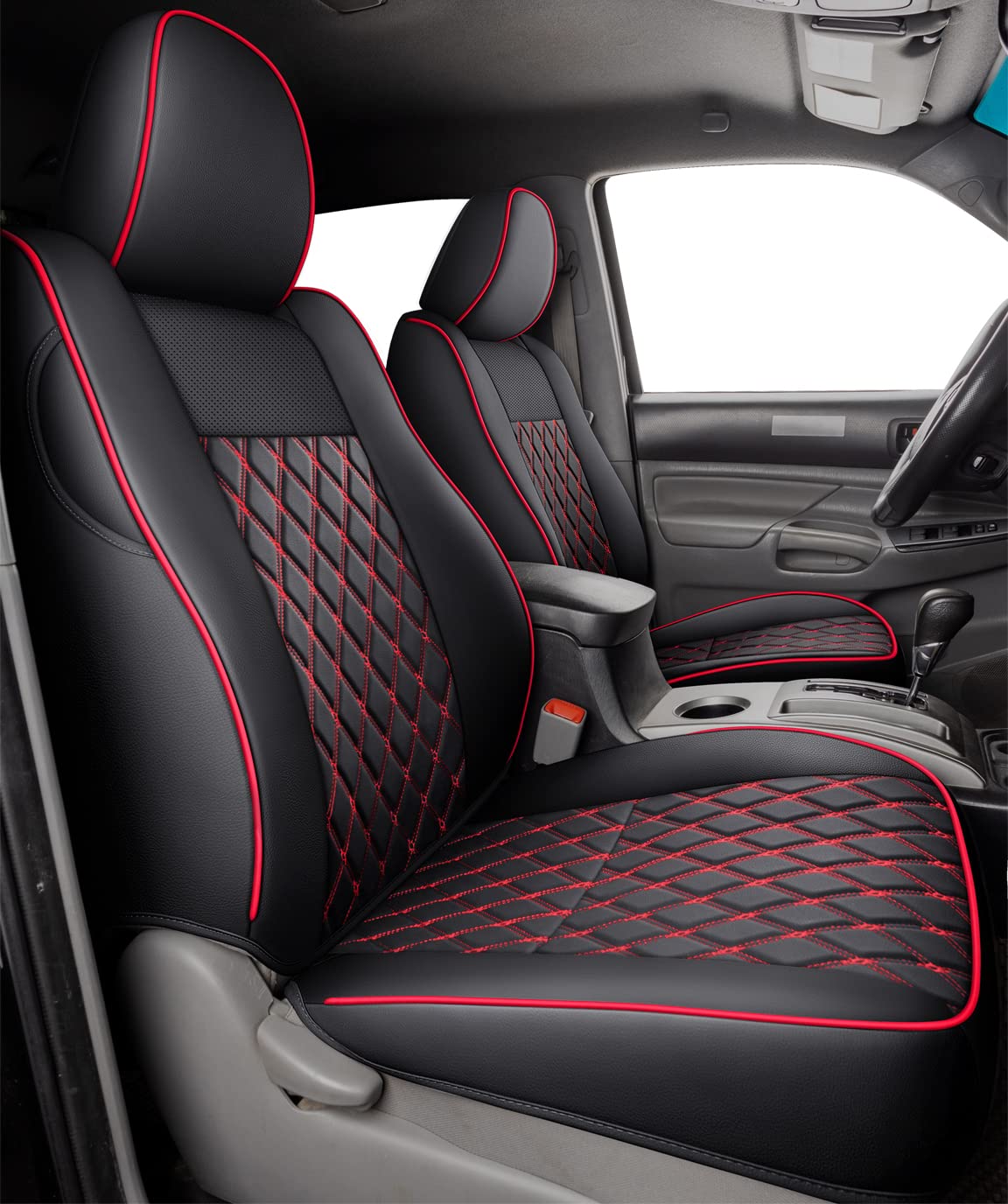 Luckyman Club Tacoma Full-Set Seat Covers P04-Hy, Fit Tacoma 2005 2006 2007 2008 2009 2010 2011 2012 2013 2014 2015 Double/Crew Cab Only, With Faux Leather (Full Set, Black-Red)