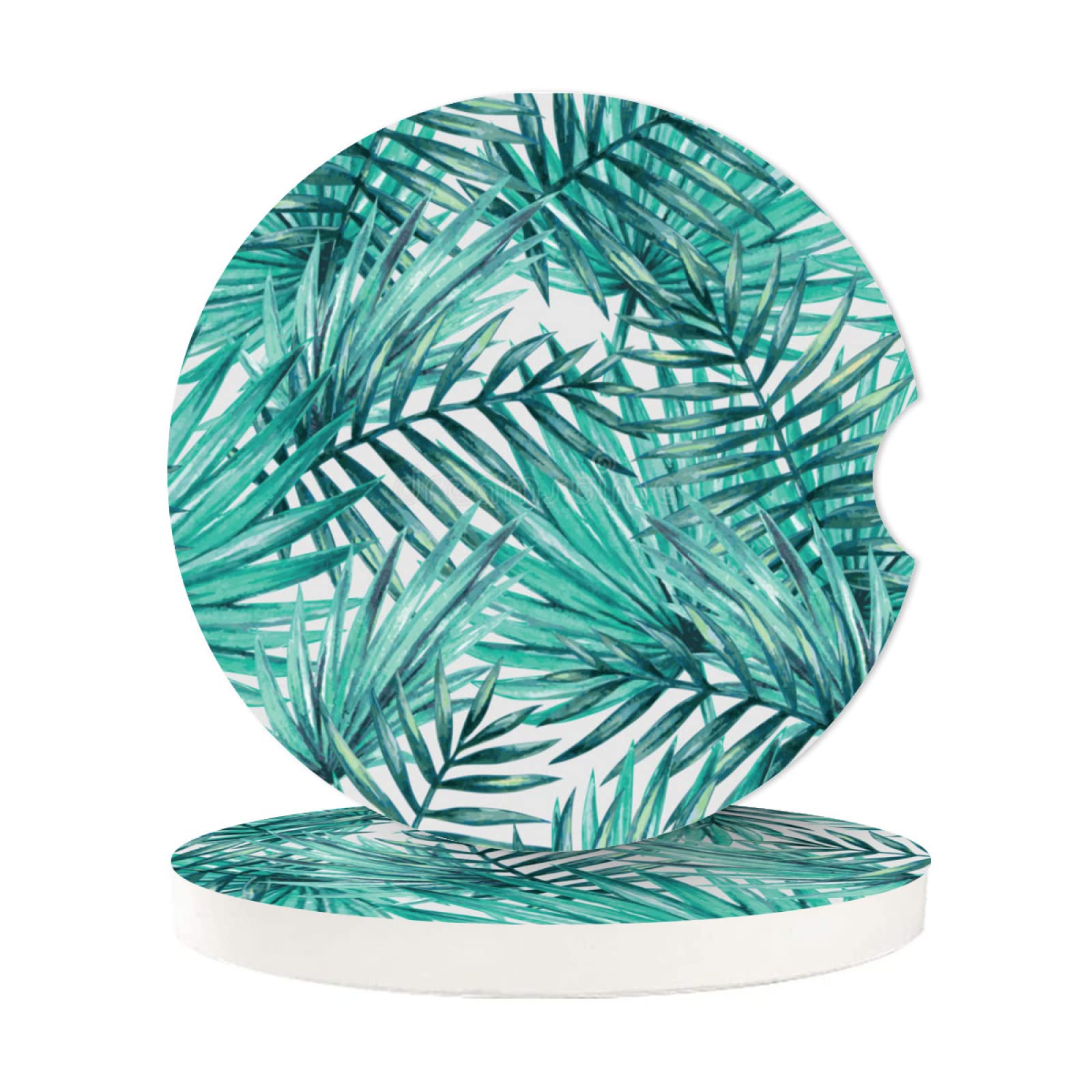 Tropical Palm Leaves Absorbent Car Cup Coasters,Cup Holders,Cork Base Drink Coasters With Finger Notch For Easy Move Of Car Cup