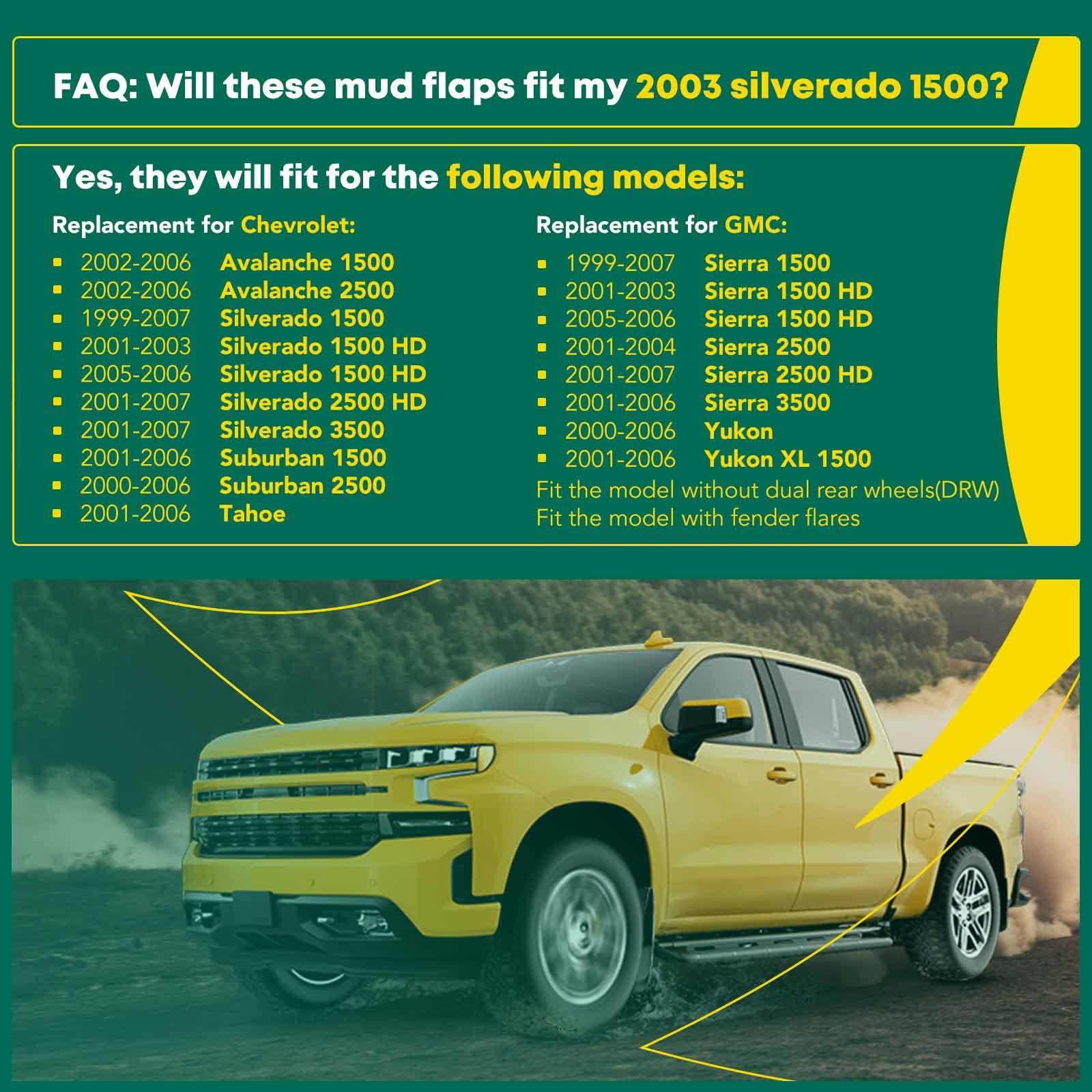 Yhtauto Set Of 4 Mud Flaps Splash Guards Accessories Replacement For Chevrolet Silverado 1500 2500 Hd 3500 Tahoe & Gmc Yukon Sierra, With Factory Fender Flares, Front And Rear Lh Rh, Black