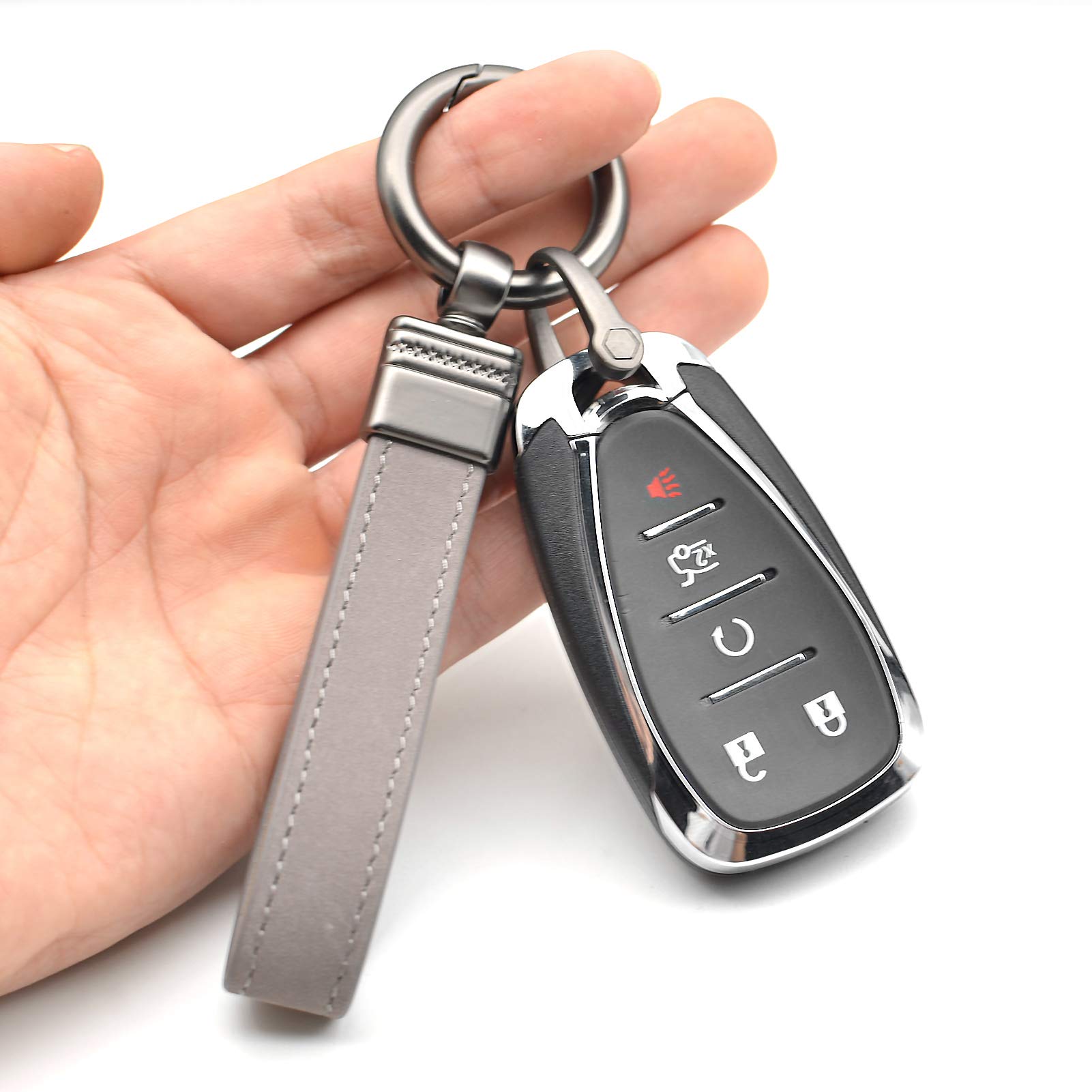 Car Fob Key Chain Genuine Leather Keychains Holder For Men And Women, 360 Degree Rotatable, With Anti-Lost D-Ring, Circle Carabiner And Key Rings, Gray Grey