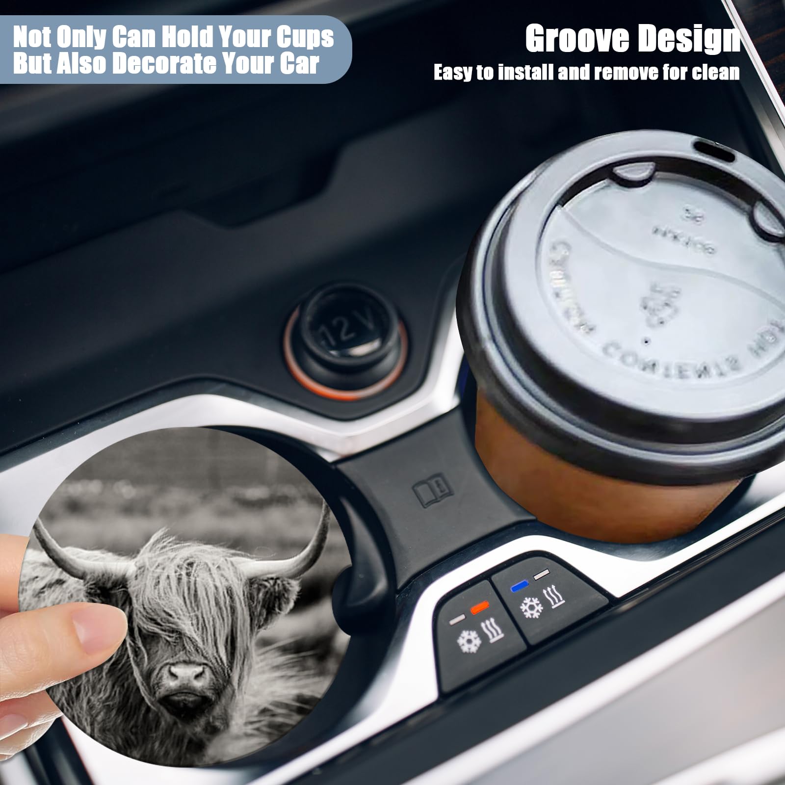Car Cup Holder Coaster - Highland Cow Absorbent Ceramic Coaster, Car Coasters for Cup Holders, Auto Accessories for Women & Men,