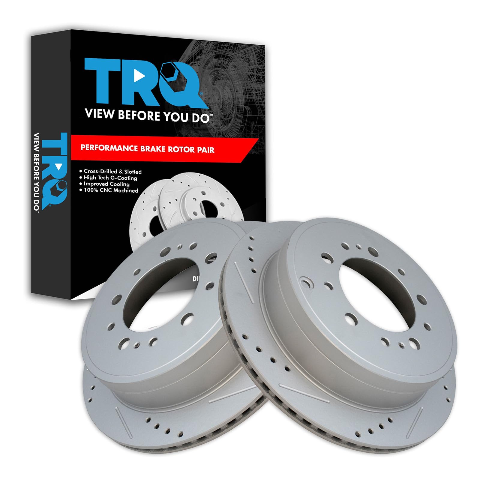 Trq Rear Performance Brake Rotors Set Vented Premium G-Coated Cross Drilled & Slotted Compatible With 2008-2021 Lexus Lx570 Toyo