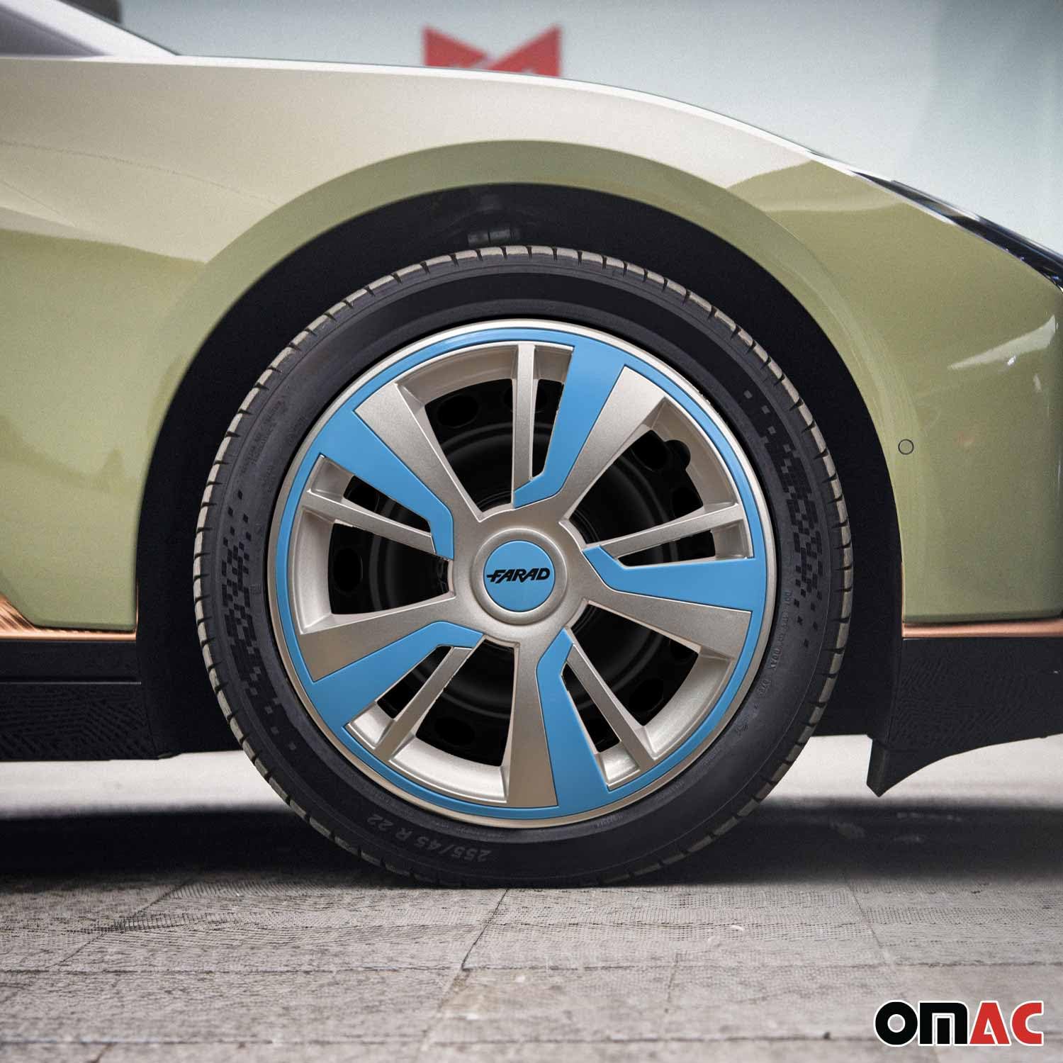 Omac - Gray With Blue Hub Caps 15 Inch Set Of 4, Tapas Para Rines 15, Premium Wheel Covers 15 Inch, R15 Rim Cover Set, Snap On D