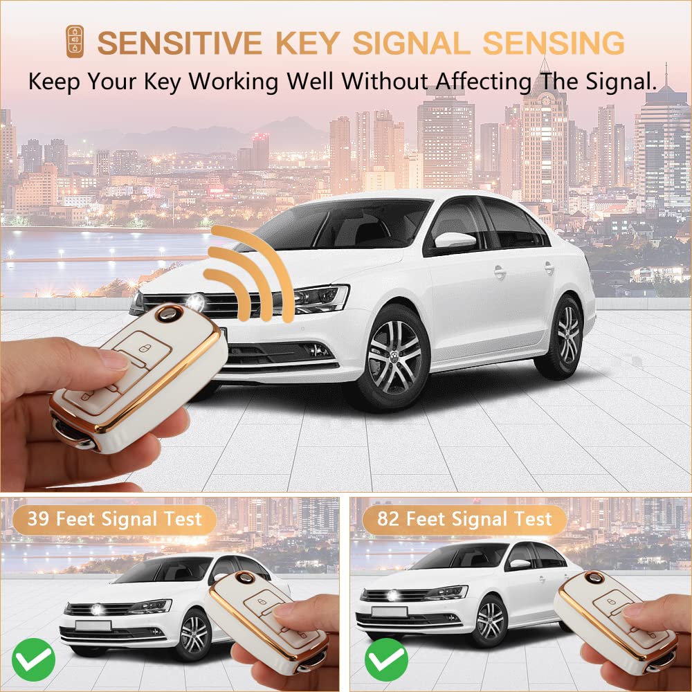 1797 For Vw Volkswagen Key Fob Cover Jetta Beetle Tiguan Passat Golf Accessories Car Keychain Bling Case Shell Protector Girly Cute 3 Button White Gold Tpu