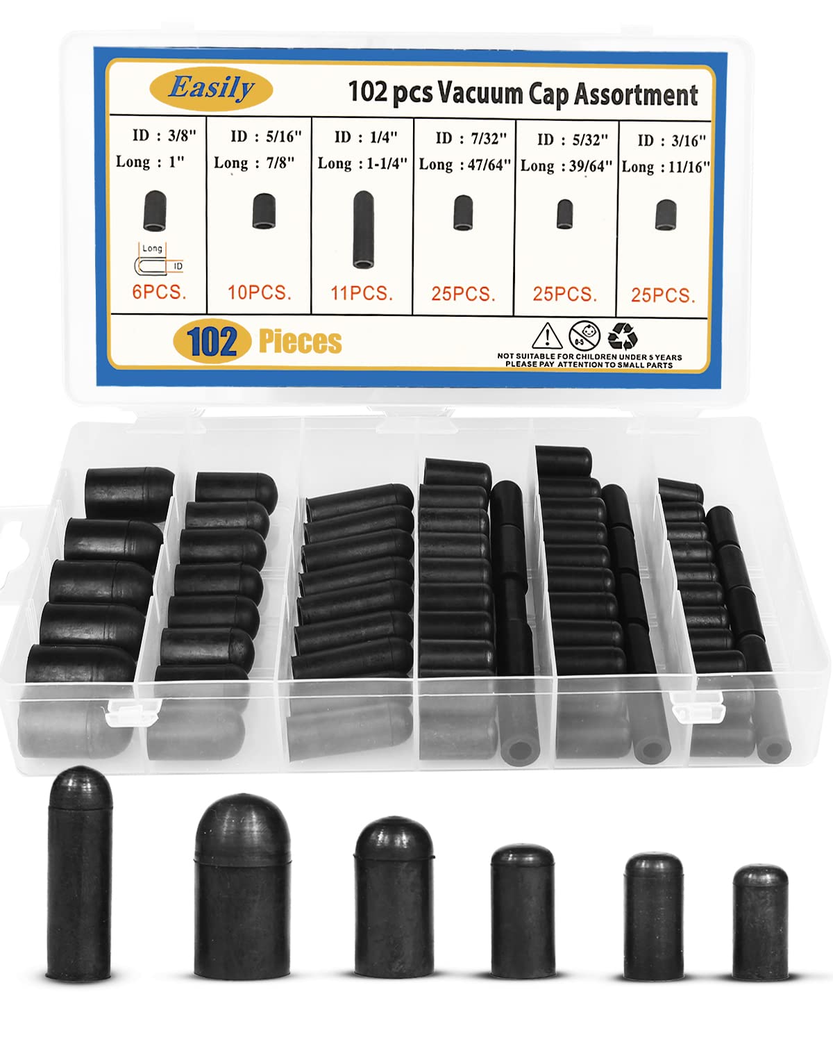Rubber Vacuum Caps Plug Kit, 102 Pcs Assorted Vacuum Plugs Hose End Caps Assortment Kit For Carburetor, Manifold, Automotive 3/16'' 5/16' 7/32' 1/4' 5/32'' 3/8''