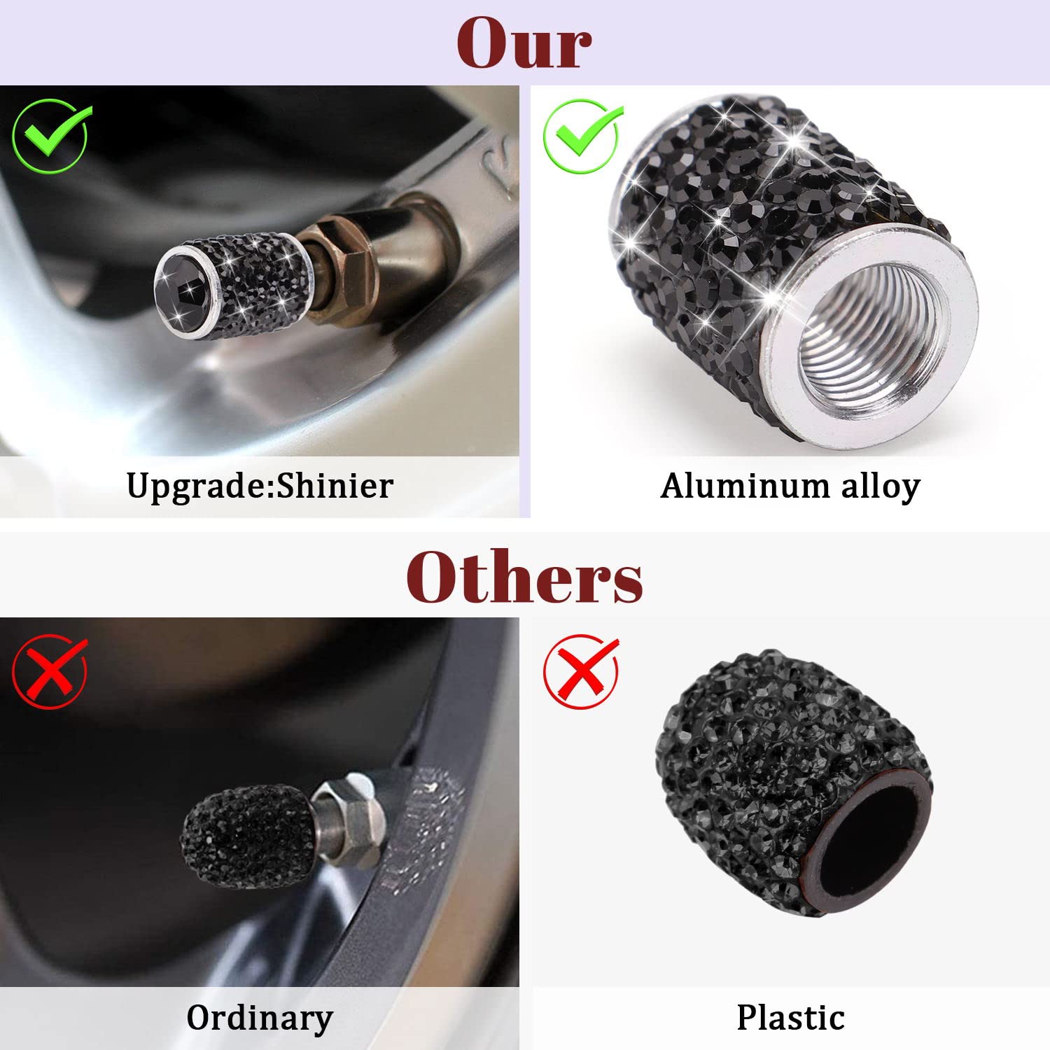 Tobequeen Bling Tire Valve Covers Black, 4 Pack Handmade Crystal Rhinestone Car Tire Caps Universal Dustproof Bling Car Accessories For Car/Suv/Motorcycle/Bike(Black)