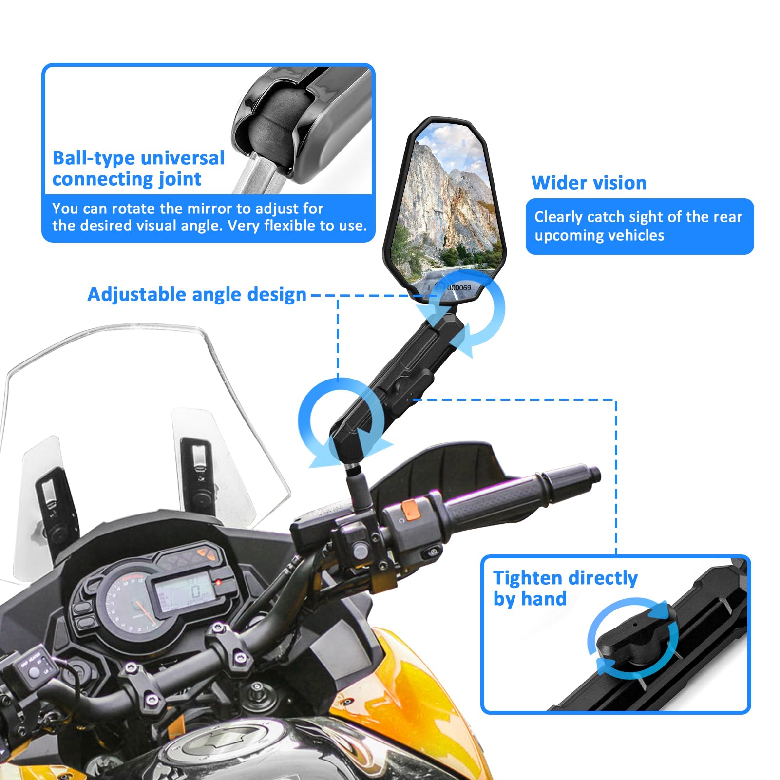 Wsays Adventure Bike Mirrors Motorcycle Rear Mirrors 8/10Mm Upgrade Universal Ball Quick-Adjust With 7/8'' Handlebar Mount Compa