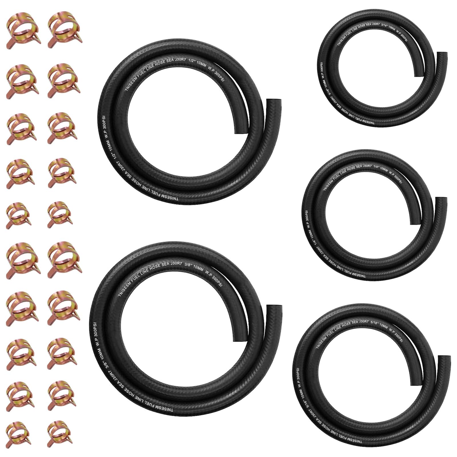 Tnisesm 5 Size Fuel Line Hose - 3/8' 1/2' 5/16' 1/4' 3/16' Id Nbr Rubber 3.3Ft With 20Pcs Clamps For Small Engines Kawasaki Ezgo Golf Cart Snowmobile Motorcycle Atv Tractor
