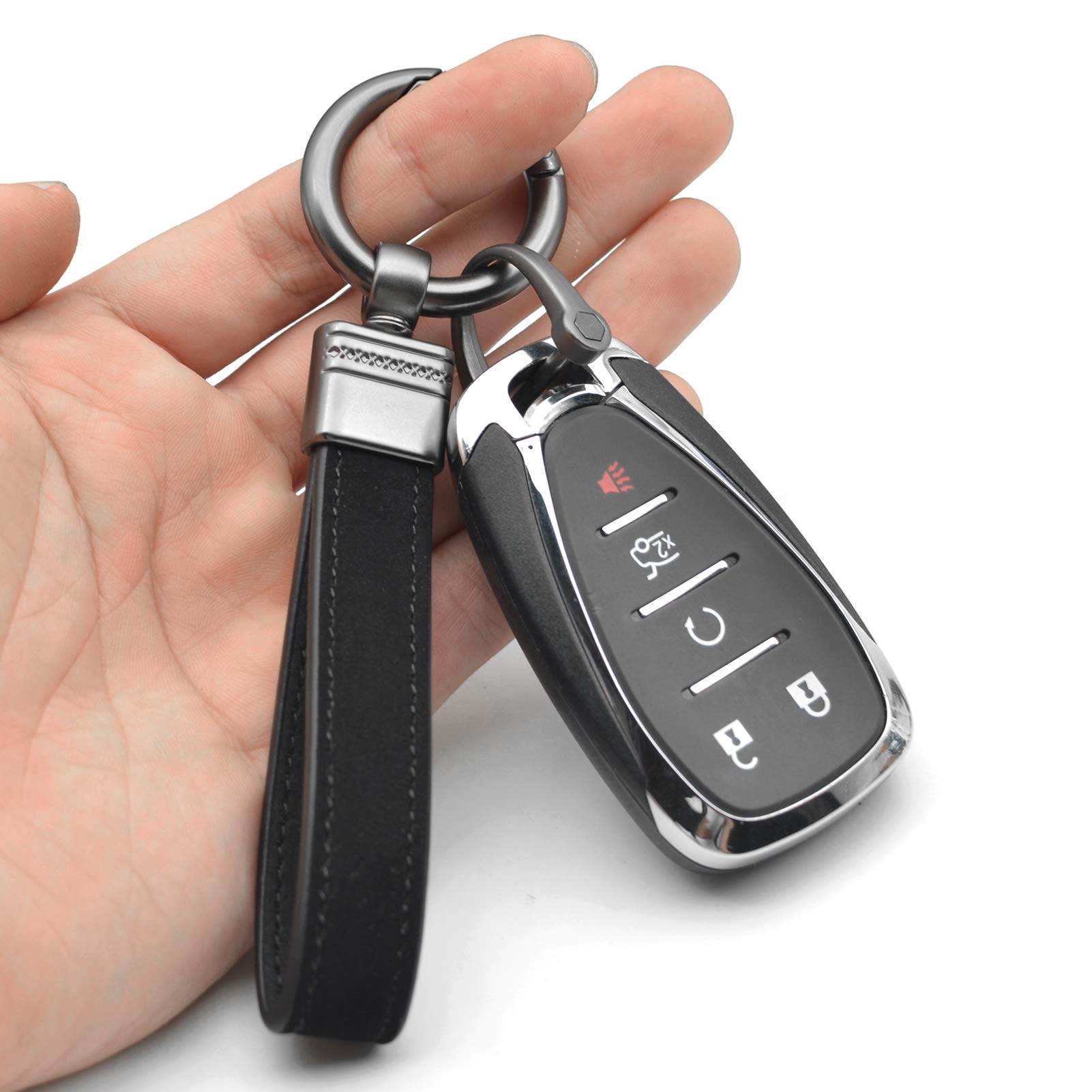 Car Fob Key Chain Genuine Leather Keychains Holder For Men And Women, 360 Degree Rotatable, With Anti-Lost D-Ring, Circle Carabiner And Key Rings, Black