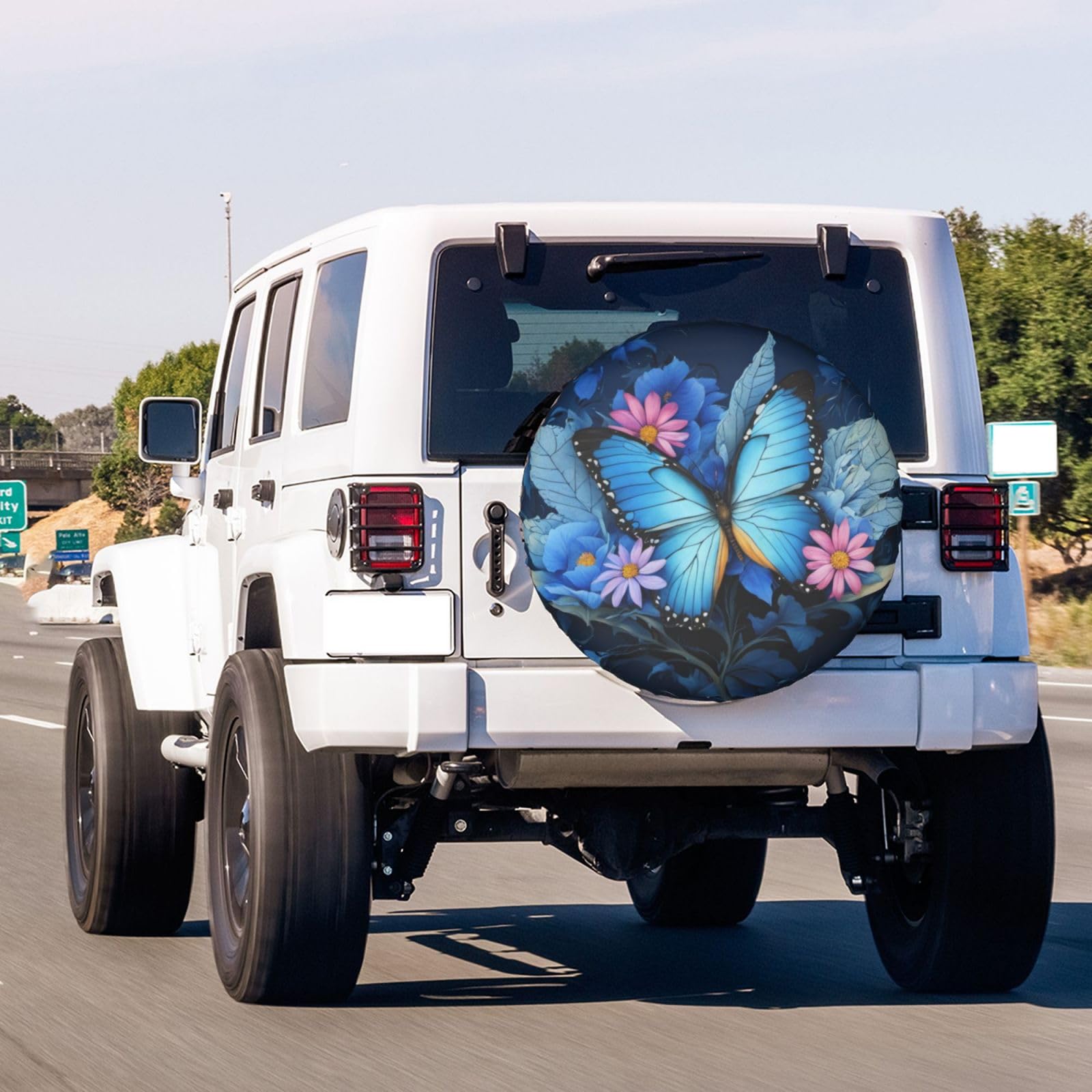 Dujiea Blue Butterfly Flower Spare Tire Cover, Universal Wheel Tire Cover Dust-Proof Tire Protectors for Trailer Rv Van SUV Truc