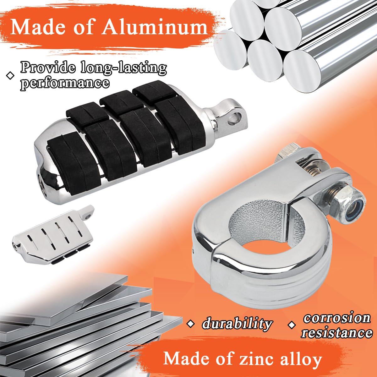 Fovplue 1.25' Highway Footpegs, Adjustable Footrest W/Mounting P-Clamps For Harley Touring Softail Dyna Sportster Honda Kawasaki Suzuki Yamaha Indian Victory With 1-1/4' Engine Guard/Tubing, Chrome#3